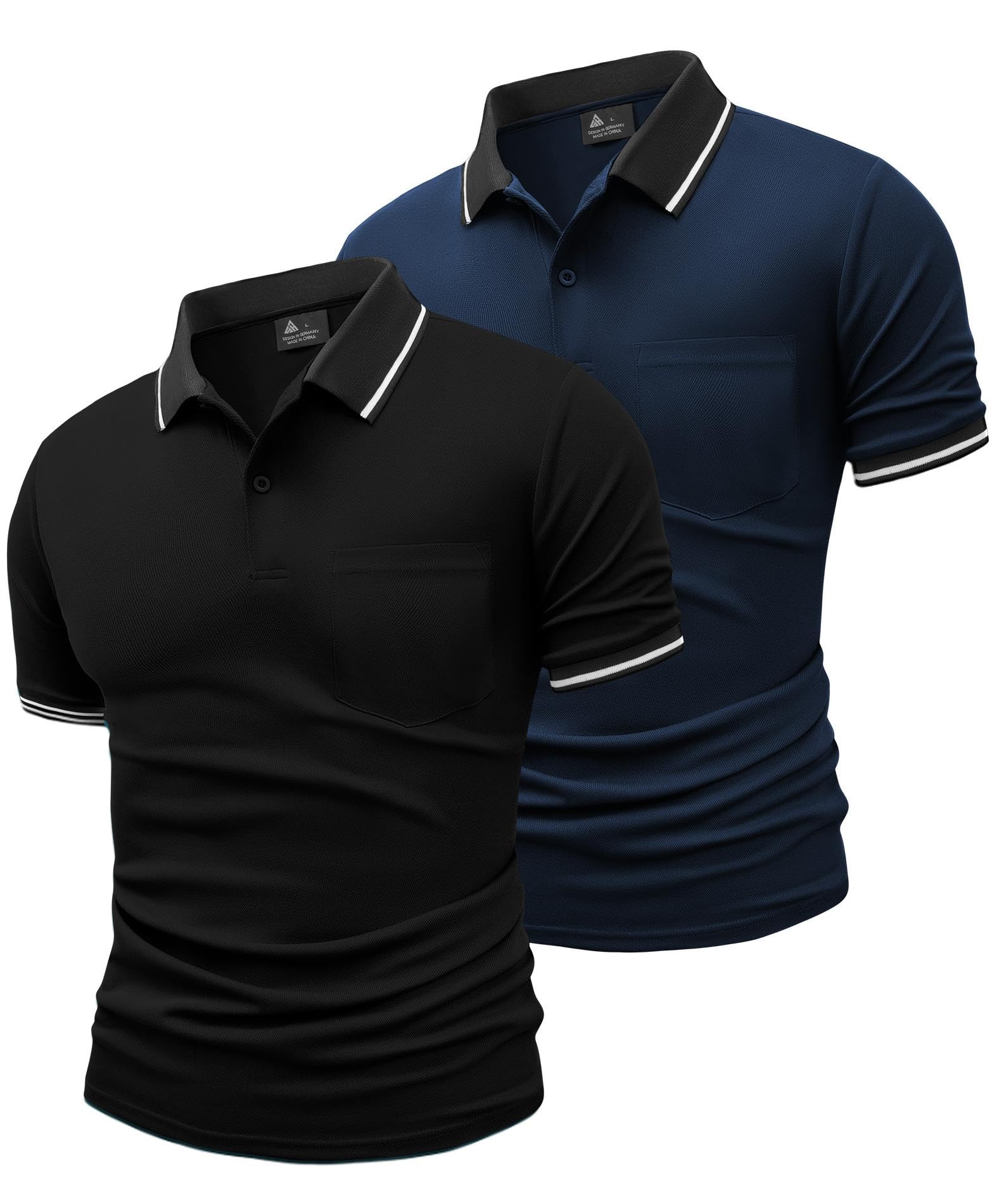 JACKETOWN 2er Pack Poloshirts Herren Kurzarm Golf Polo Hemd Männer mit Tasche Schnelltrocknend Atmungsaktives Work Polohemd Herren Sommer Slim Fit Shirt Tennis Basic Tshirt