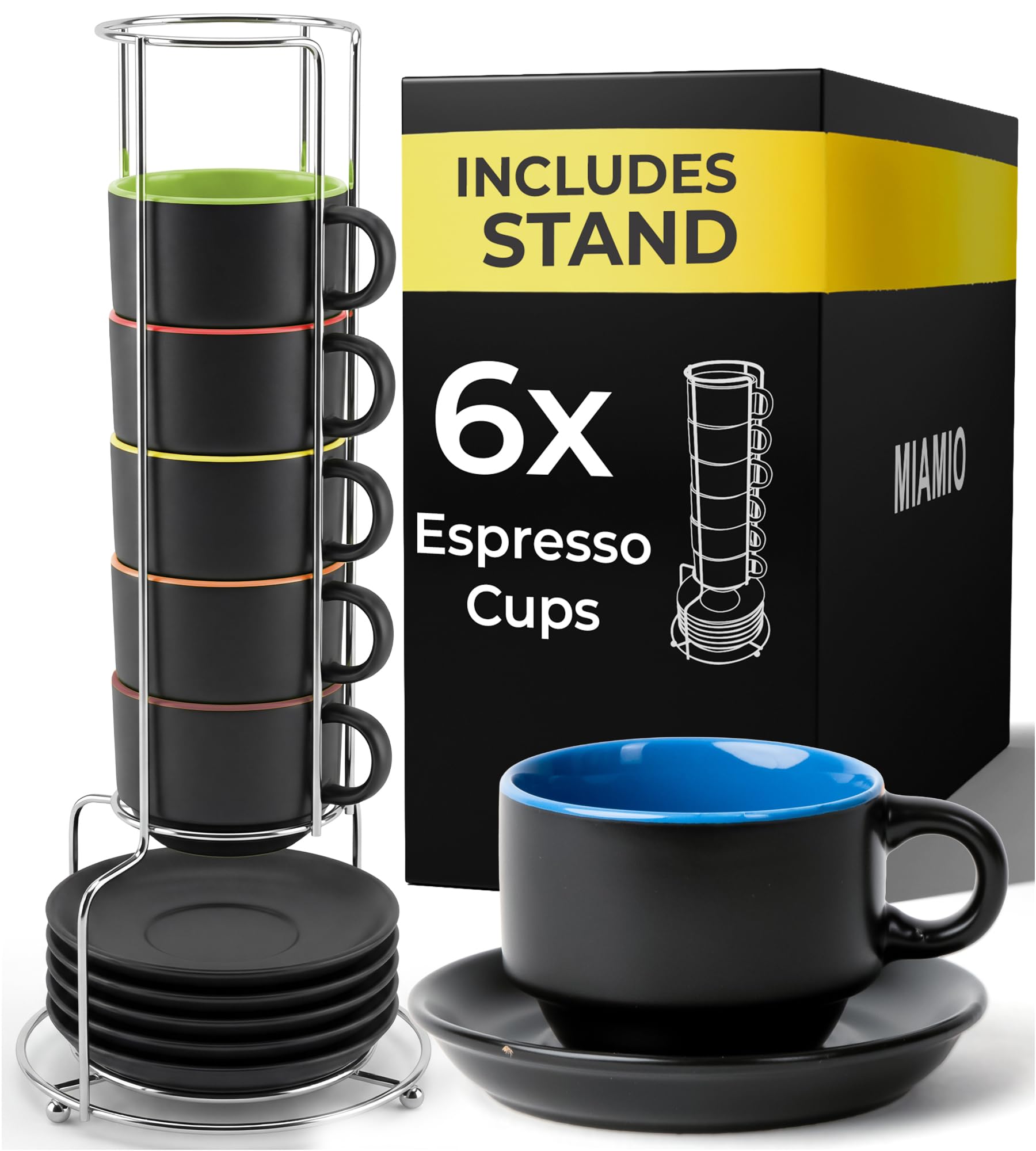 75 ml Espresso Cup Set with Saucers Coffee Mug Set of 6 - Ceramic Coffee Mug Stackable Espresso Mug with Stand for Coffee Drinks, Latte, Cafe Mocha - Le Papillon Collection (Mixed)