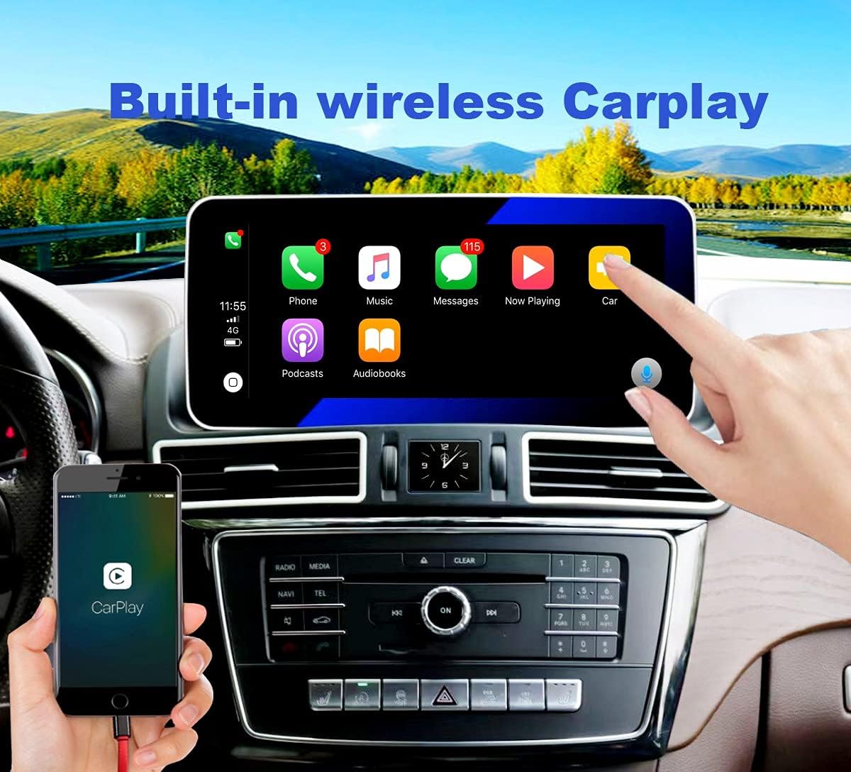 LUOWAN Android 10 Touch Screen displaying the Apple CarPlay interface with various app icons like Phone, Music, Maps, Messages, and Now Playing, while a hand interacts with a smartphone connected to CarPlay.
