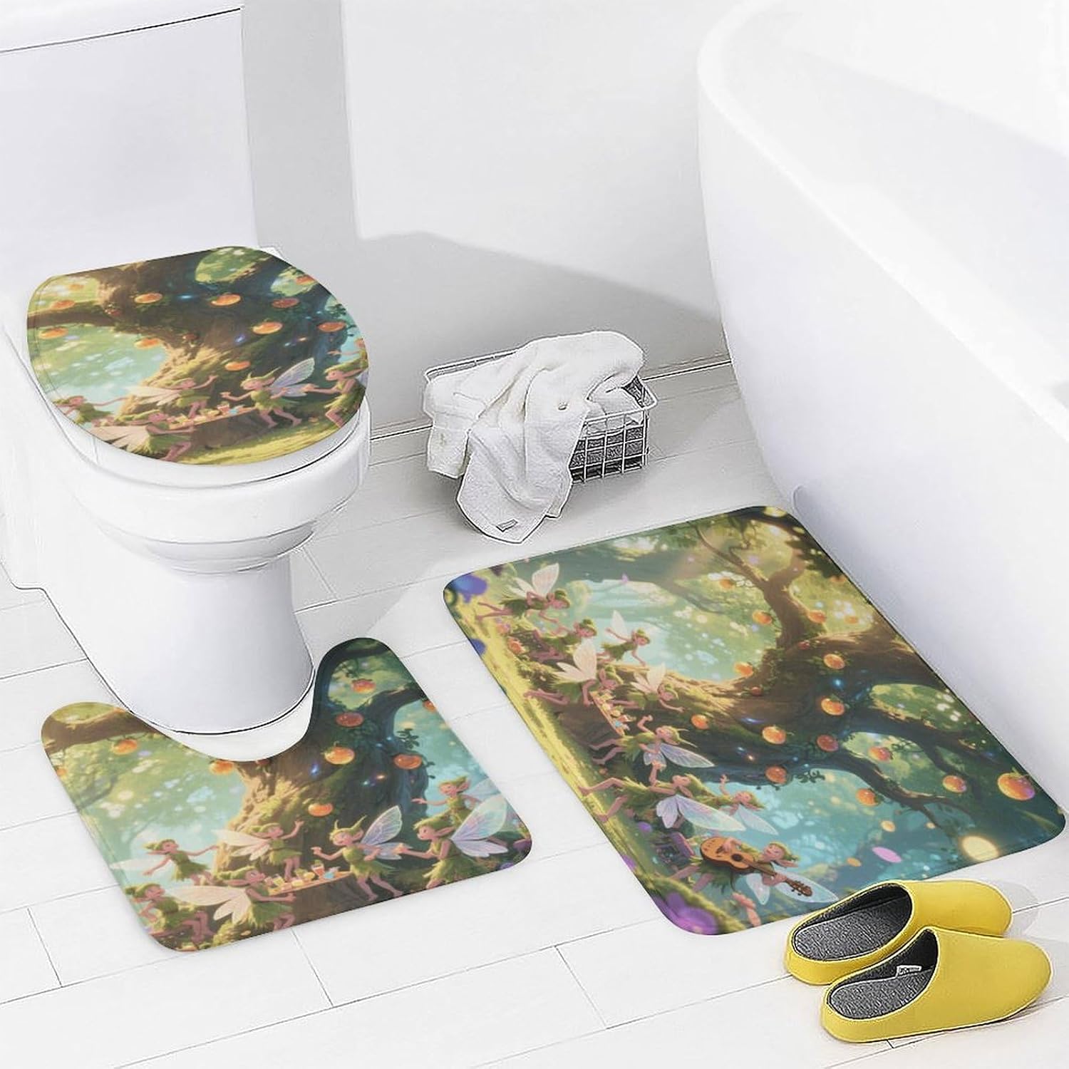 Elf Gathering Bath Rug Set 4 Piece,Bathroom Accessories Set-Toilet Rugs U Shaped,Toilet Lid Cover,Shower Curtain and Rugs,Ultra Soft, Absorbent,Home Decor