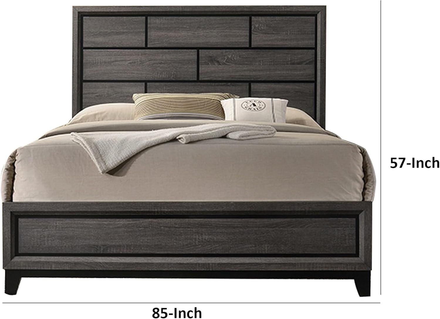Benjara Mazie King Bed- Brick Style Headboard- Black Tapered Legs- Oak Gray Wood