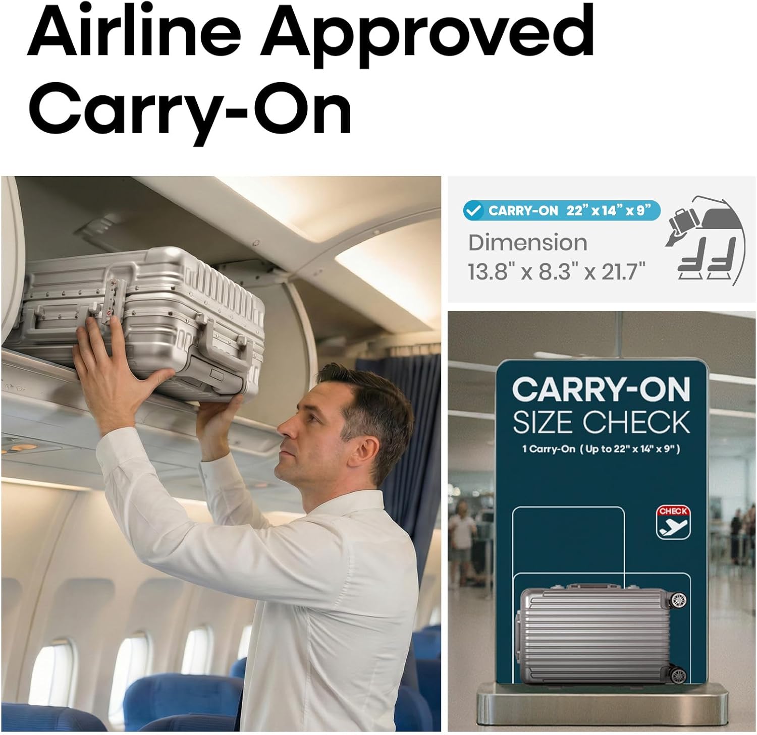 Aluminum Carry On Luggage 21.6x13x8.3 Airline Approved with Spinner Wheels,20 Inch Hard Shell Zipperless Suitcase with TSA Lock for International Travel and Business,Silver