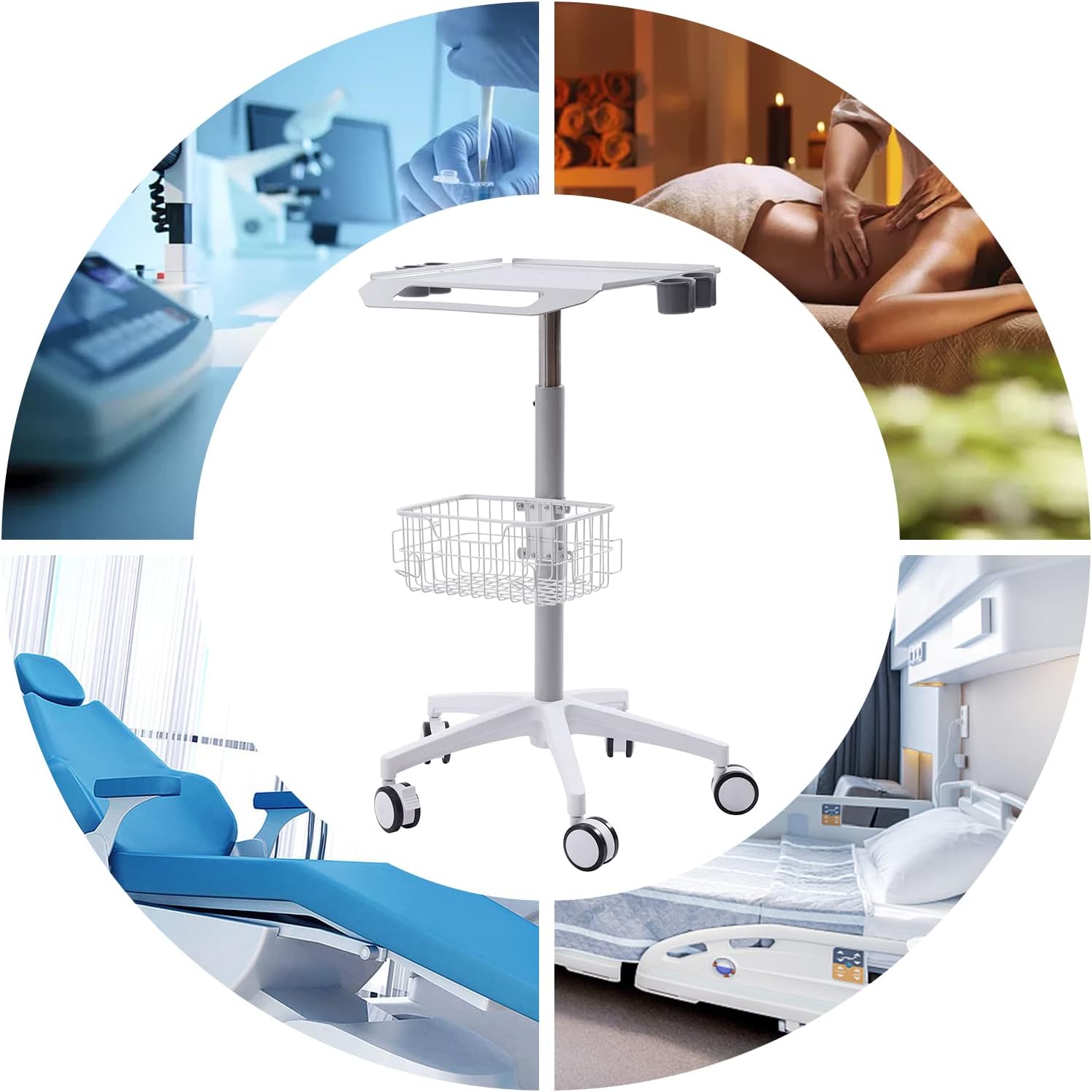Multi-Use Utility Cart, Mobile Trolley Cart with 19.3 * 16.9inch Panel and Basket, Rolling Desktop Lab Cart, Adjustable Height, for Laboratories, Hospitals, Beauty Salons