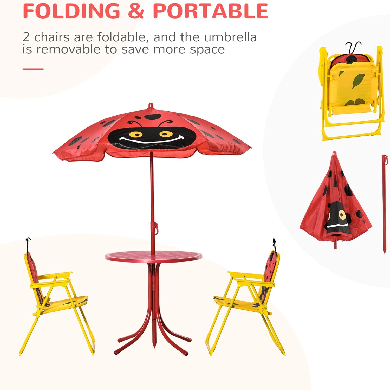 Outsunny Kids Table and Chair Set, Outdoor Folding Garden Furniture, Picnic Table for Patio Backyard, with Removable & Height Adjustable Sun Umbrella, Red