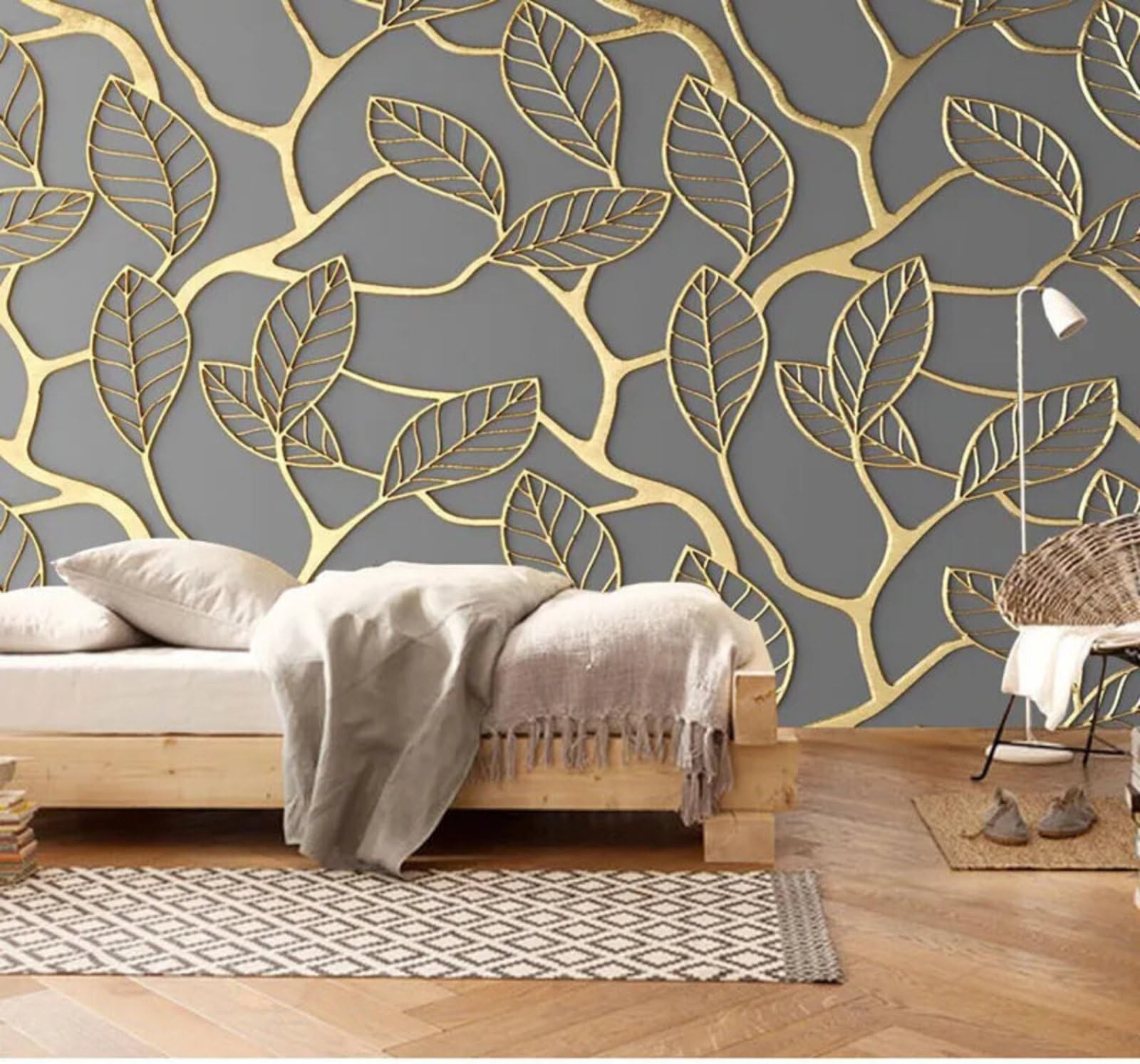 Contemporary Luxury Creative Three Dimensional Gold Leaves 3D Wallpaper Easy Install Feature Office Living Room Sofa Bedroom TV Background Wall Decoration-250cm×170cm