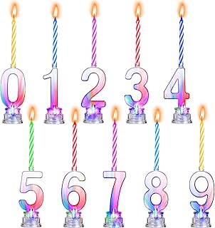 Boao 50 Pcs Birthday Number Candle Set Includes 10 Pcs Multicolor LED Flashing Number Candles with Transparent Shell and 40 Pcs Wax Candles(Colored Candle Style)