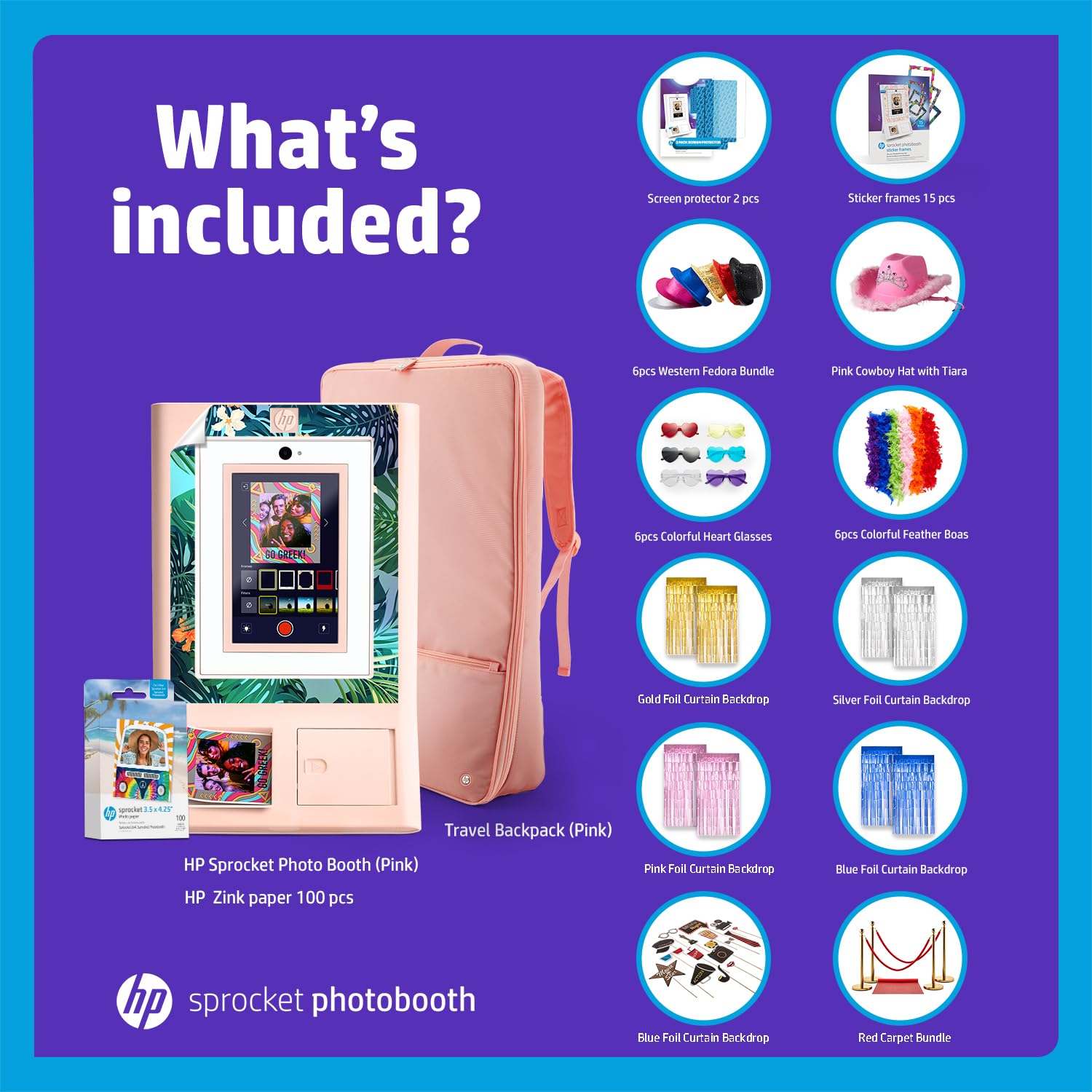 HP Sprocket Cabina fotografica Stampante fotografica istantanea a colori (rosa) + Carta Zink (100 fogli) + Custodia (1) + Cornici adesive (15) e altro.