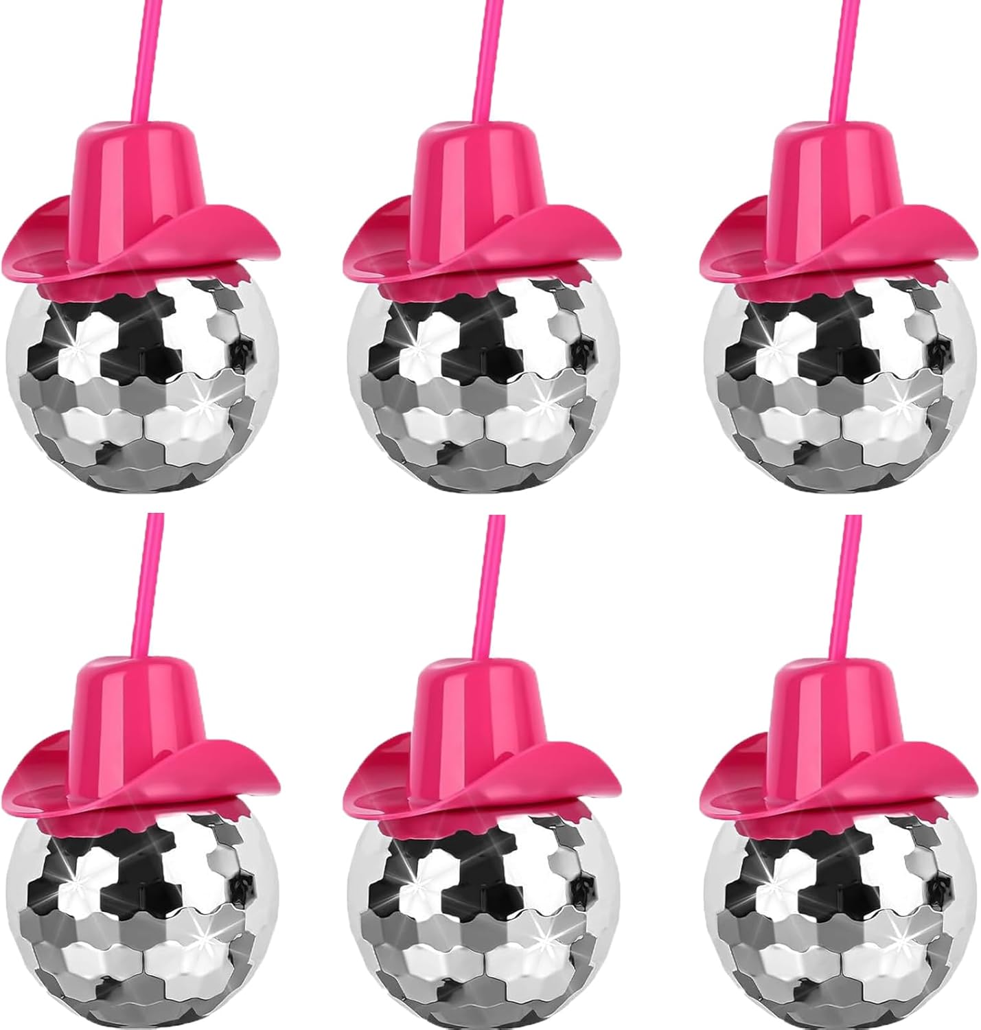 Huaerle 6 Pcs Disco Ball Pink Cups - Disco Cowgirl Ball Cups with Straw Western Party Supplies Disco Ball Cowboy Hat Cups for 70s sco/Cowgirl Themed Party Supplies (Pink)