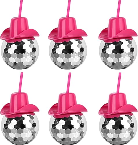 Huaerle 6 tazas rosadas de bola de discoteca  Tazas de bola de vaquera disco con pajilla, suministros para fiestas del oeste, tazas de sombrero de