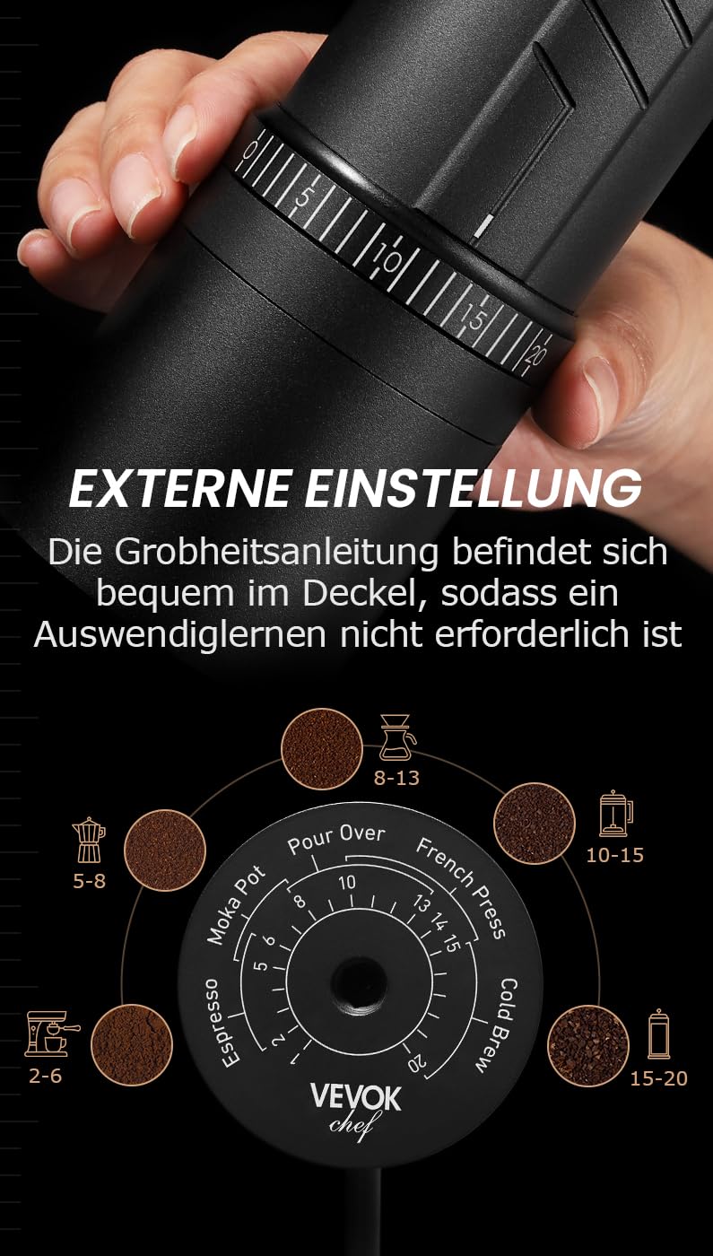 Vevok Chef O20 manuelle Kaffeemühle | 20 stufiges extern einstellbares Mahlwerk | 35 g Kapazität | inklusive Reiseetui und Reinigungsausrüstung | konisches Mahlwerk | Handkaffeemühle