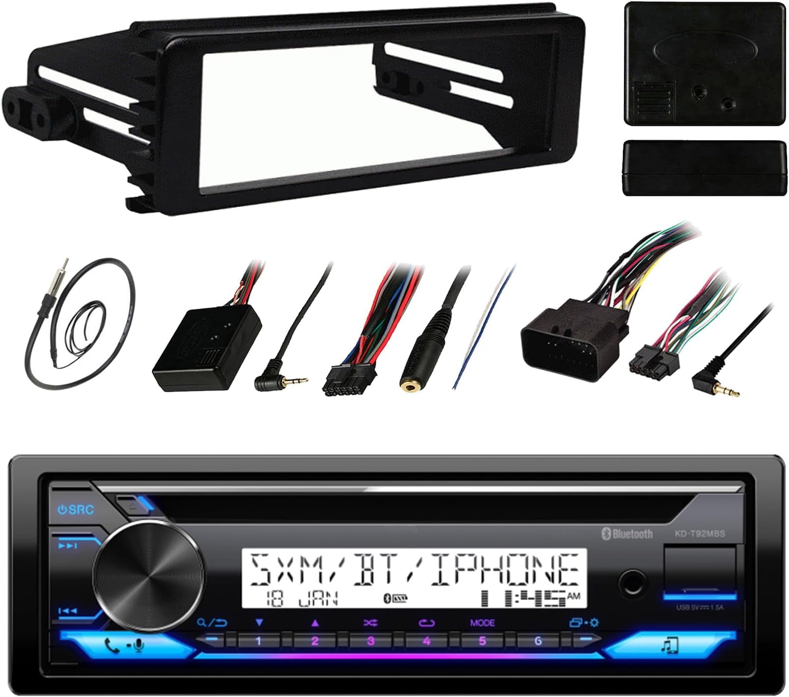 Single DIN Marine Bluetooth USB AUX AM/FM Stereo CD Player Receiver, Antenna, Stereo Install Kit, Handlebar Control Kit (Select '98-'13 HD Motorcycles)