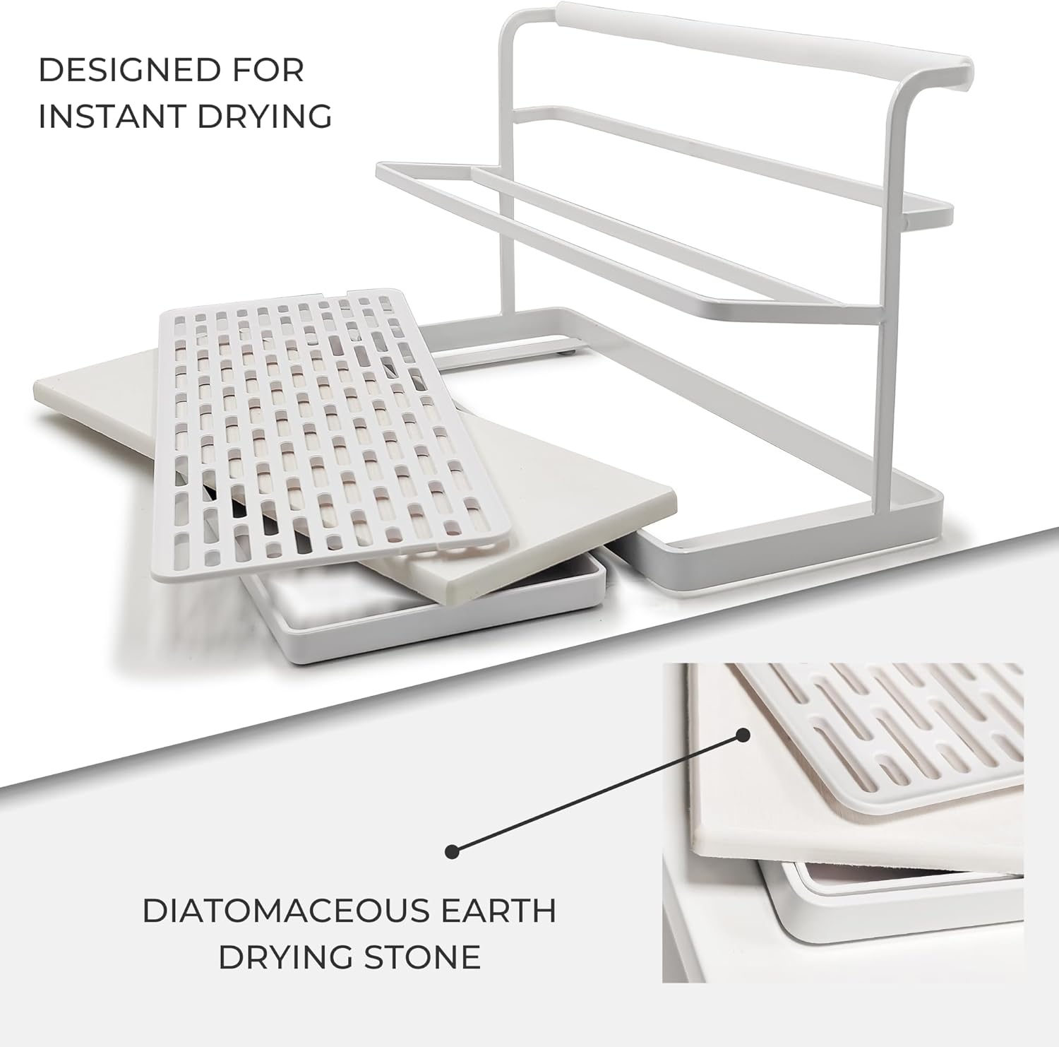 Selegna Diatomaceous Earth Bottle Drying Rack, Baby Bottle Drying Rack, Over Sink Instant Dry Small Dish Drying Rack & Bottle Dryer, Space Saving Narrow Two Tier Tower Water Bottle Drying Rack (White)