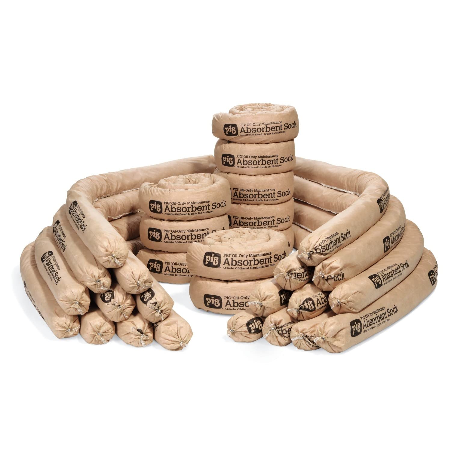 PIG Oil-Only Maintenance Absorbent Sock | Absorbs Oil Based Liquids |1 Gal Absorbency | 3" Dia x 48" L | Tan | Box of 30 | SKM500