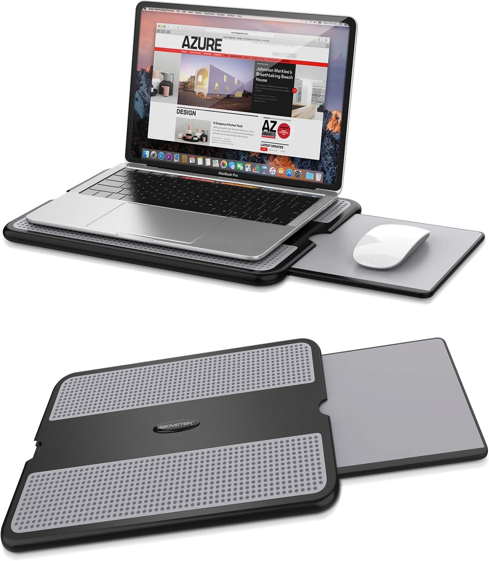 Portable Laptop Lap Desk w/Retractable Left/Right Mouse Pad Tray, Non-Slip Heat Shield Tablet Notebook Computer Stand Table w/Sturdy Stable Cooler Work Surface for Bed Sofa Couch or Travel