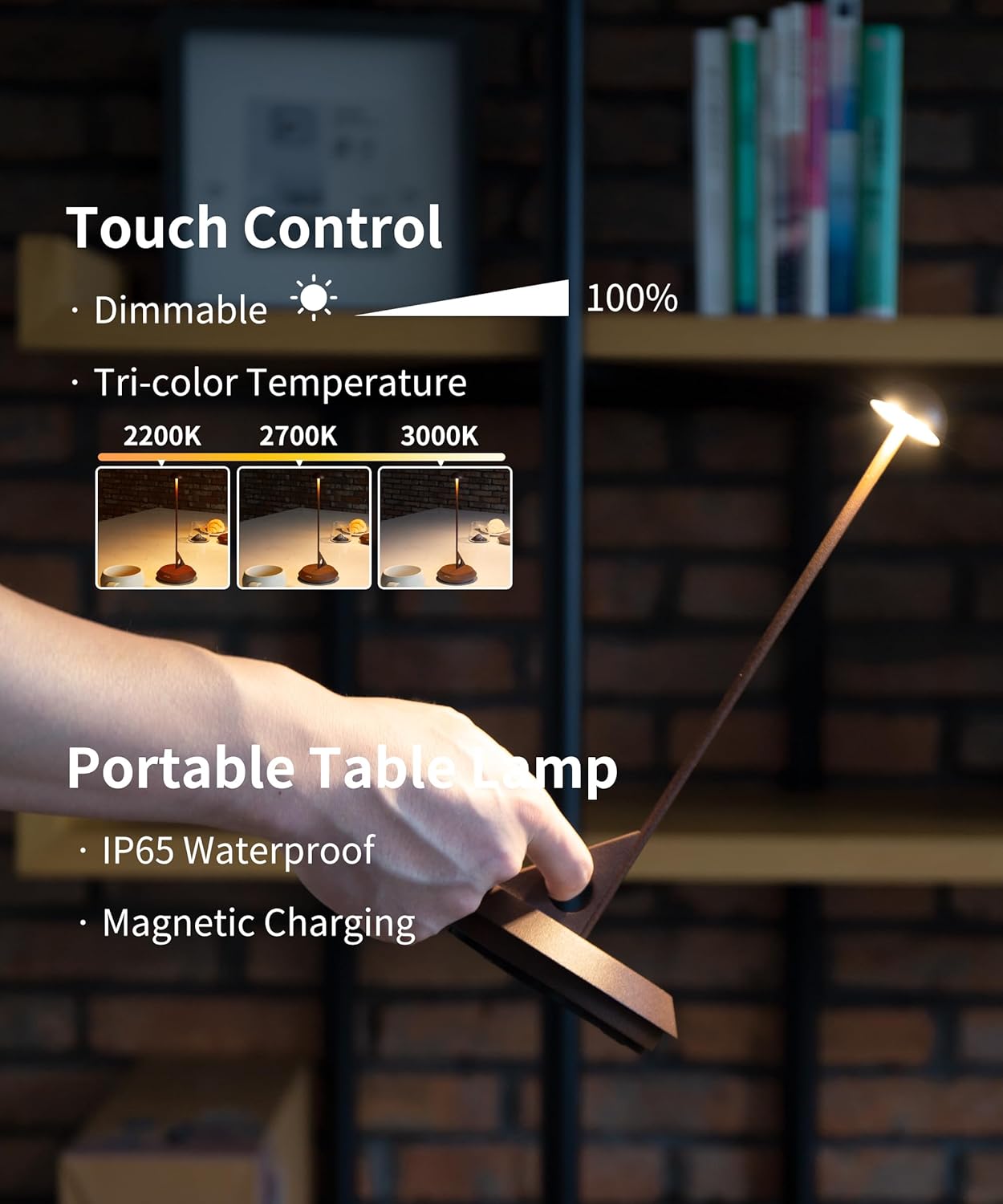 Cordless Table Lamp - LUME, Geometric Aesthetics, Magnetic Charging, Dimmable & Adjustable Lighting, IP65- Portable Rechargeable LED Lamp for HoReCa, Bedroom, Living Room, Outdoor Use (Corten)