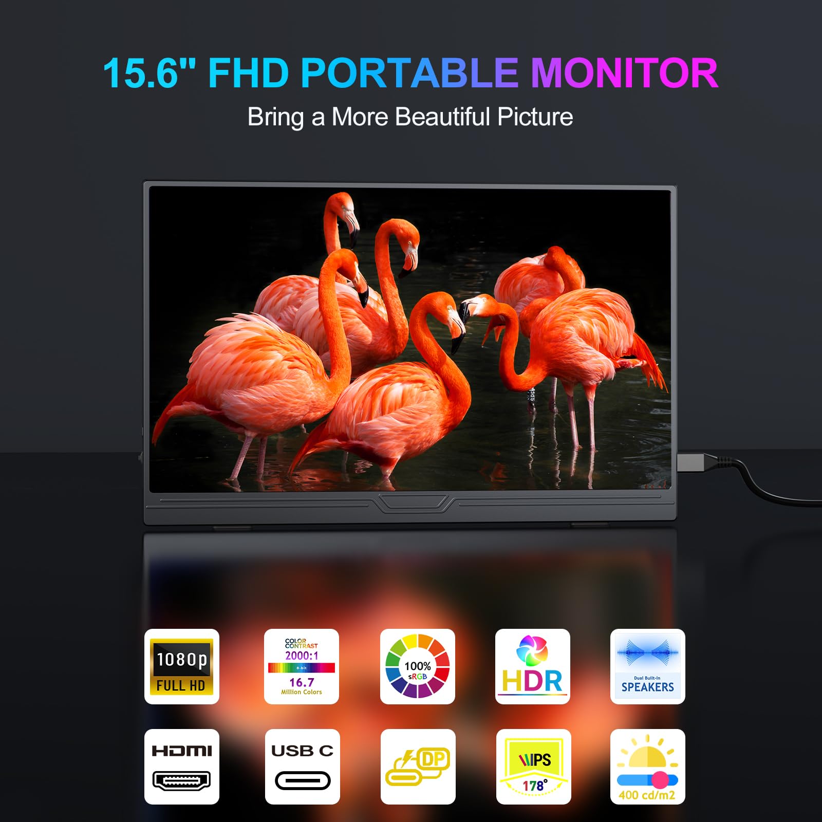 COOLHOOD Portable Monitor, 15.6 inch 1080P FHD IPS Second External Monitor with USB-C Mini HDMI Port, Second Screen Compatible with PC, Laptop, MacBook, Gaming Device — view 2