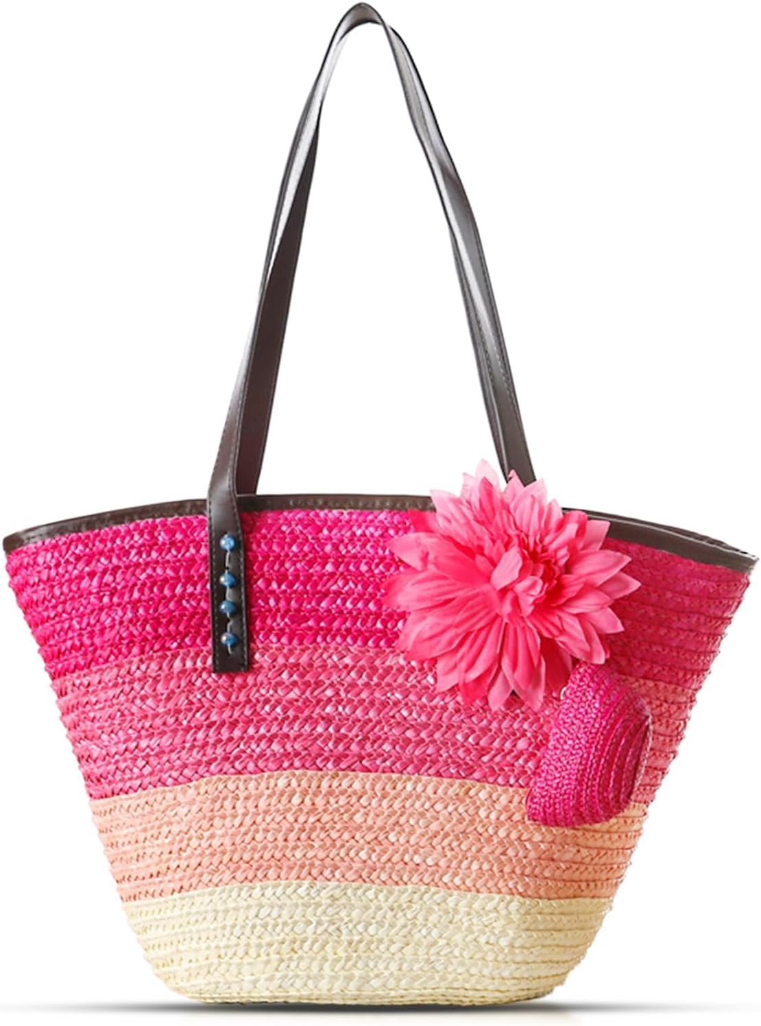 Tote Bag for Women, Straw Bag, Fashion Hand-Woven Beach Bag, Flower Shoulder Bag with Cute Purse, Large capacity Summer Handbag for Vacation Travel Daily Matching(Pink)