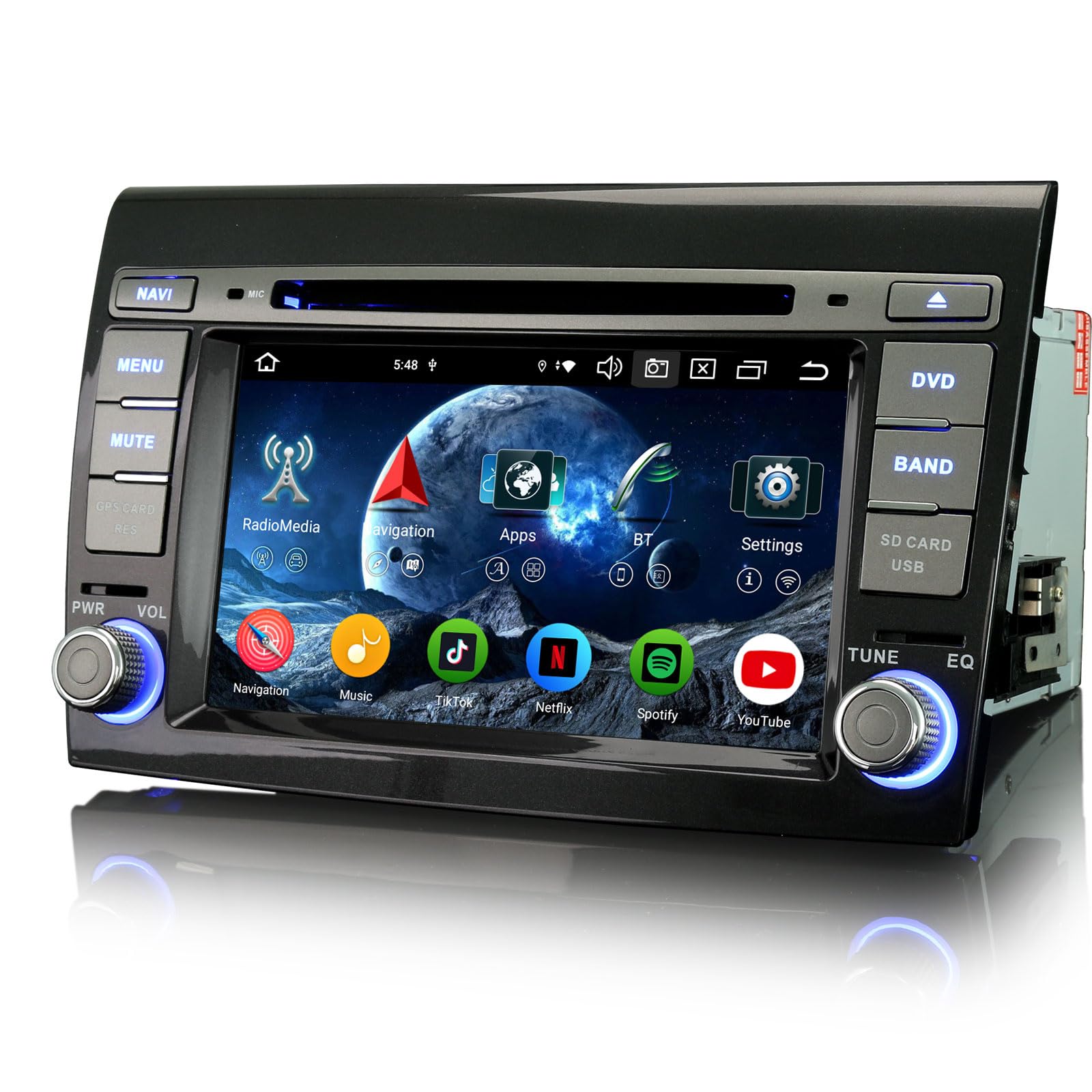 Erisin 7 pollici 8-Core 4GB+64GB Android 16 Autoradio Bluetooth GPS Navigatore per Fiat Bravo 2007-2014 Supporto CarPlay senza fili Android Auto WiFi DSP DAB+USB CD DVD OBD2 FM Controllo al Volante