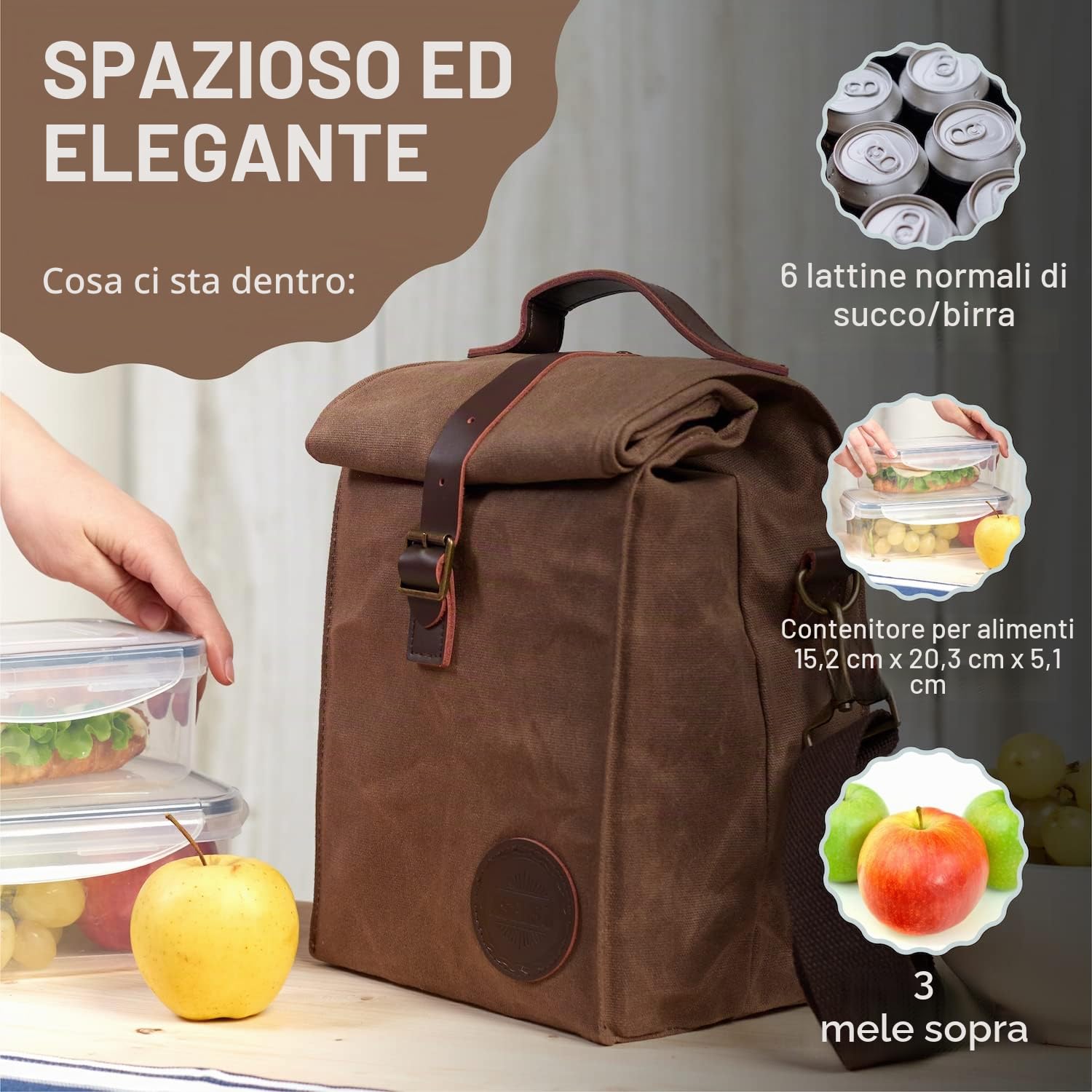 ASEBBO Borsa Termica in Tela, 10 L con Tracolla per Adulti | Tela cerata, Tracolla regolabile 150 cm, Doppi manici in pelle, Antiperdita, Isolamento oltre 4 ore, Marrone