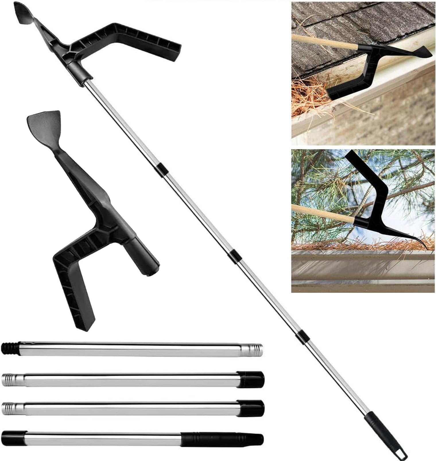 jeufun Gutter Cleaning Tools,Detachable Gutter Cleaner with 4 Extension Telescopic Gutter Cleaning Pole,Portable Cleaning Scraper Tool Gutter Cleaning Pole for Cleaning Leaves and Debris(Black,Silver)