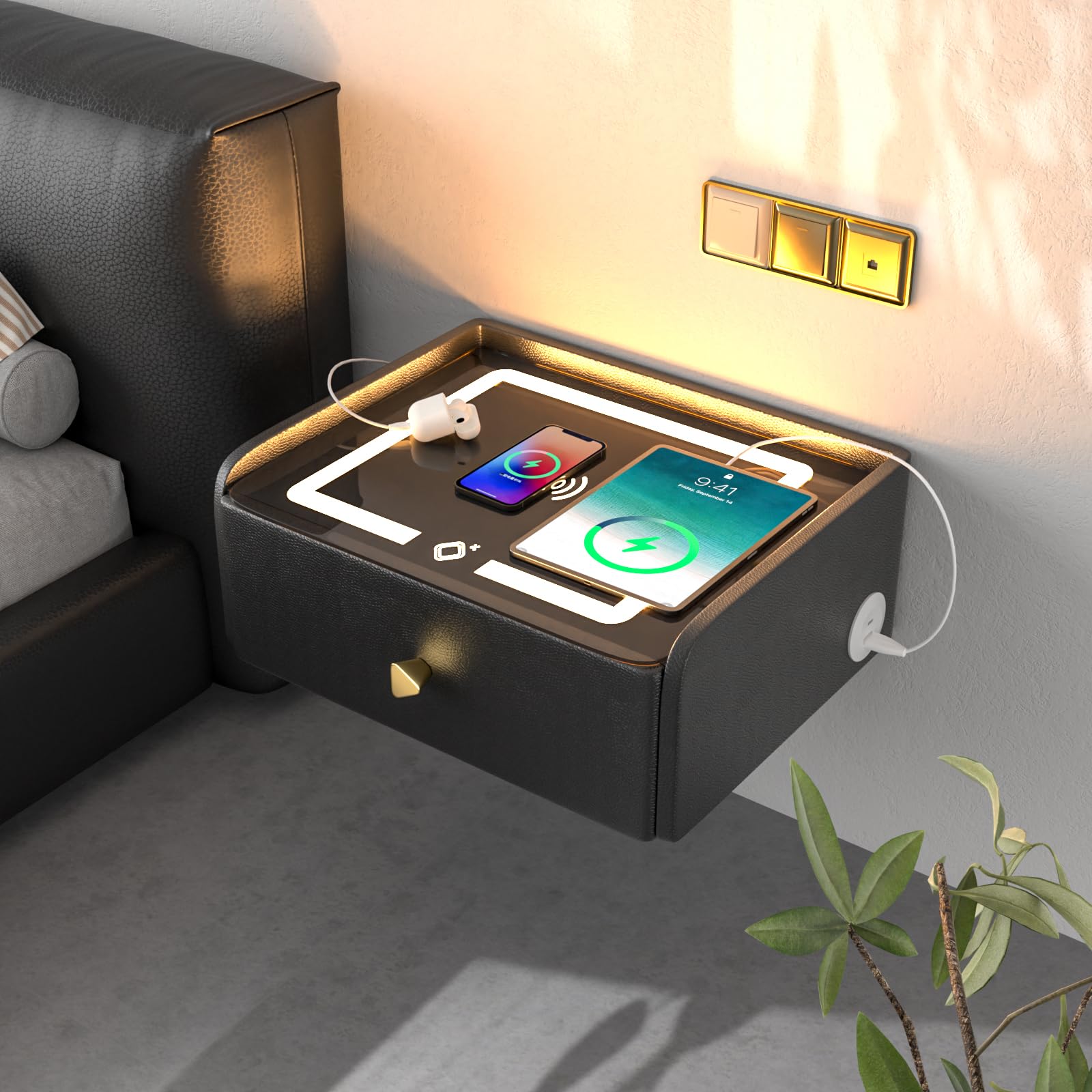 Mesita de noche colgante con estante de pared y cajón, opciones de muebles de dormitorio inteligentes para jóvenes adultos, negro