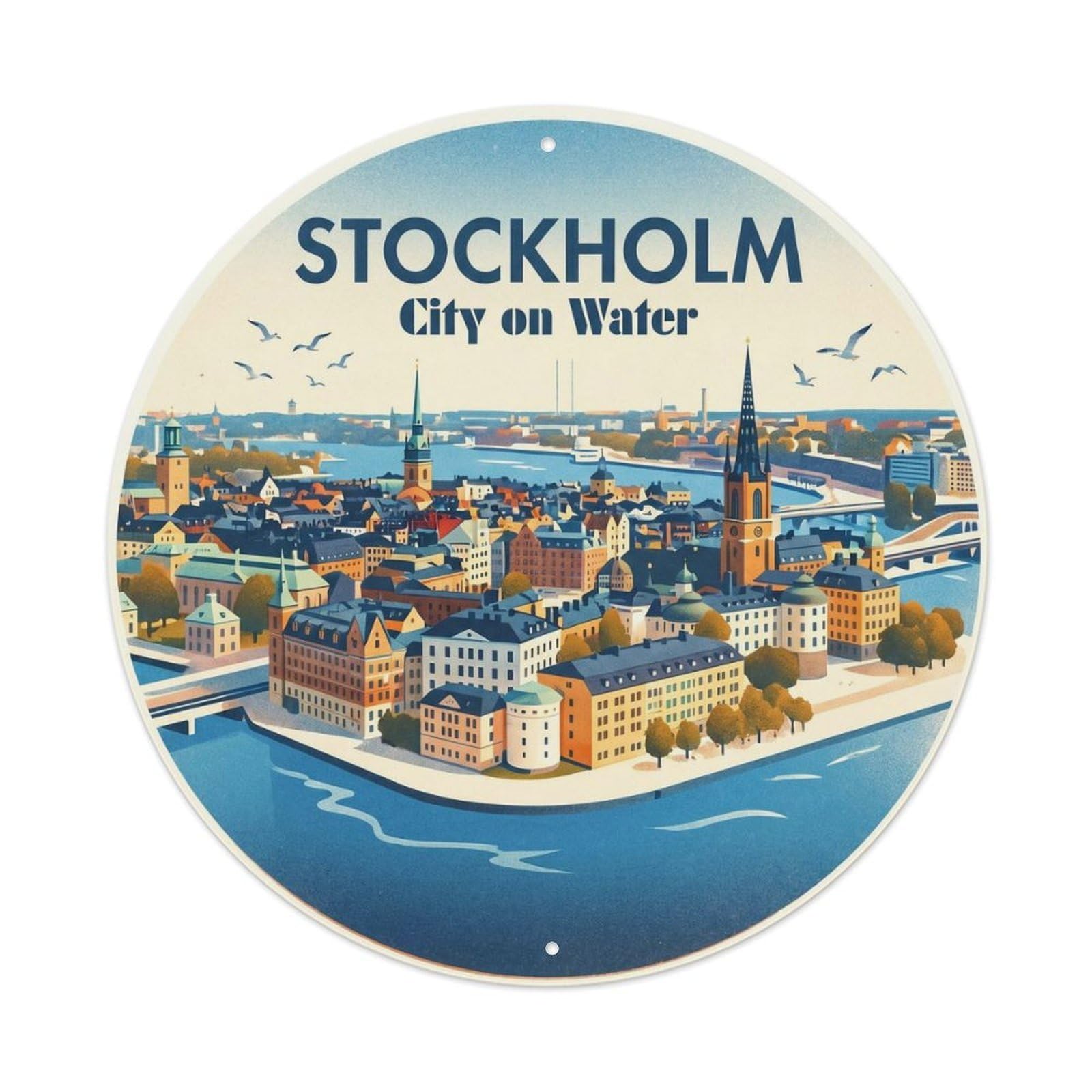 Stockholm Island Sweden Travel Cartography Nordic Cityscape Metal Tin Sign Plaque Wall Decor for Cafe, Man Cave, Club Bar, Office, Home Garden Round Metal Poster 8x8Inch