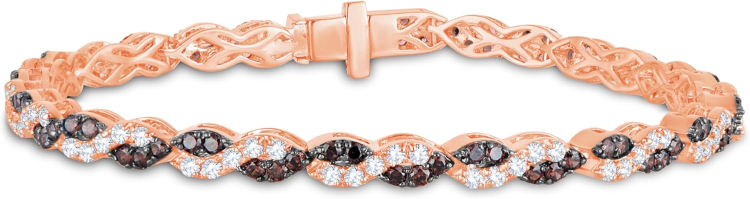12.00 Carat Round Shape Brown Diamond & White Diamond Women's Intertwined Tennis Bracelet For Wedding/Anniversary 14K Rose Gold Plated 925 Silver