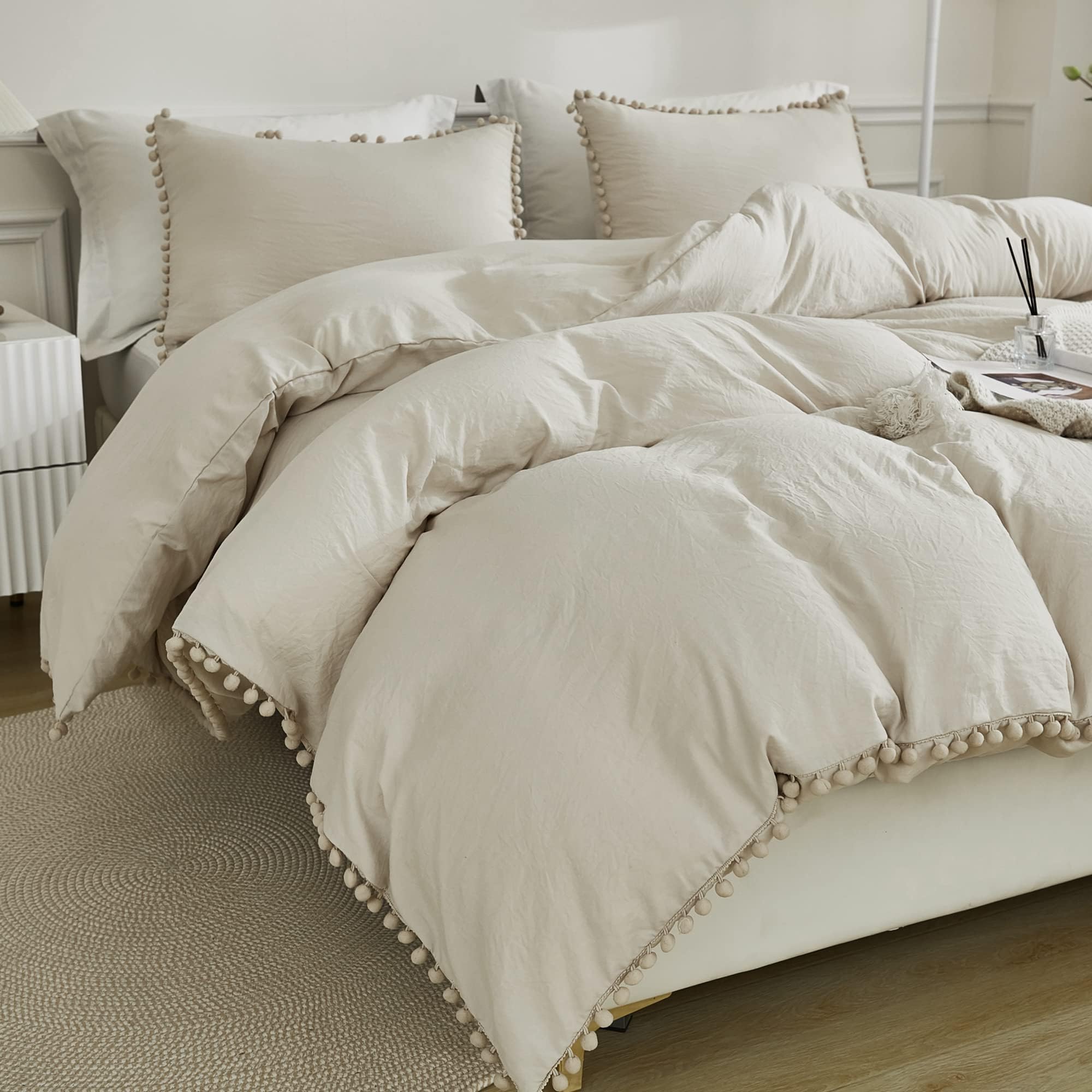 Andency Beige Duvet Cover Duvet Cover Queen (90x90 Inch), 3 Pieces (1 Pom Pom Fringe Comforter Cover, 2 Pillowcases) Soft Microfiber Farmhouse Duvet Cover Set with Zipper Closure, Corner Ties
