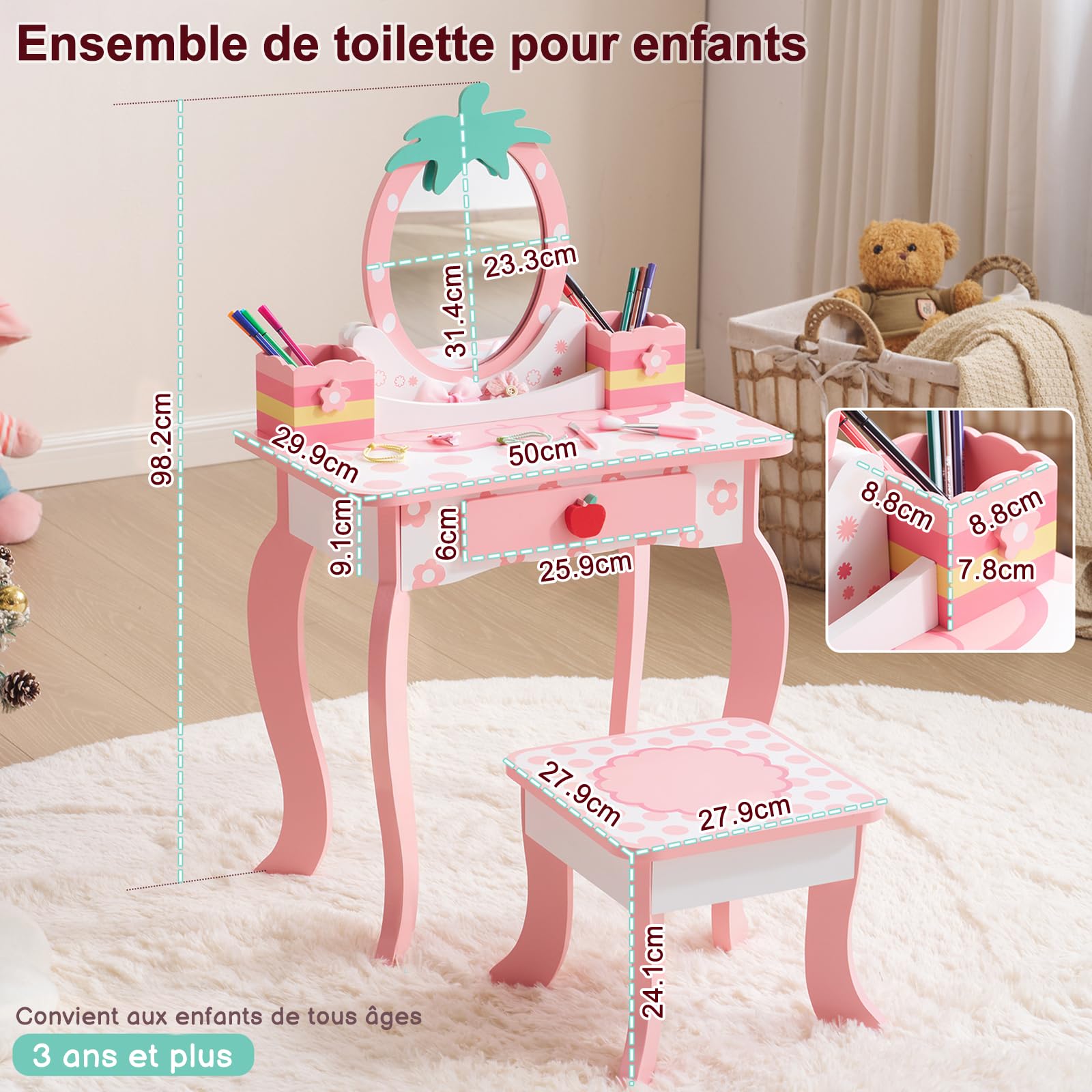 LEADZM Coiffeuse pour Enfants avec Miroir à Trois Volets, Coiffeuse Fille avec Imprimé Fruit Mignon & Tabouret, Table de Maquillage Princesse, pour 3 Ans+ (Rose)