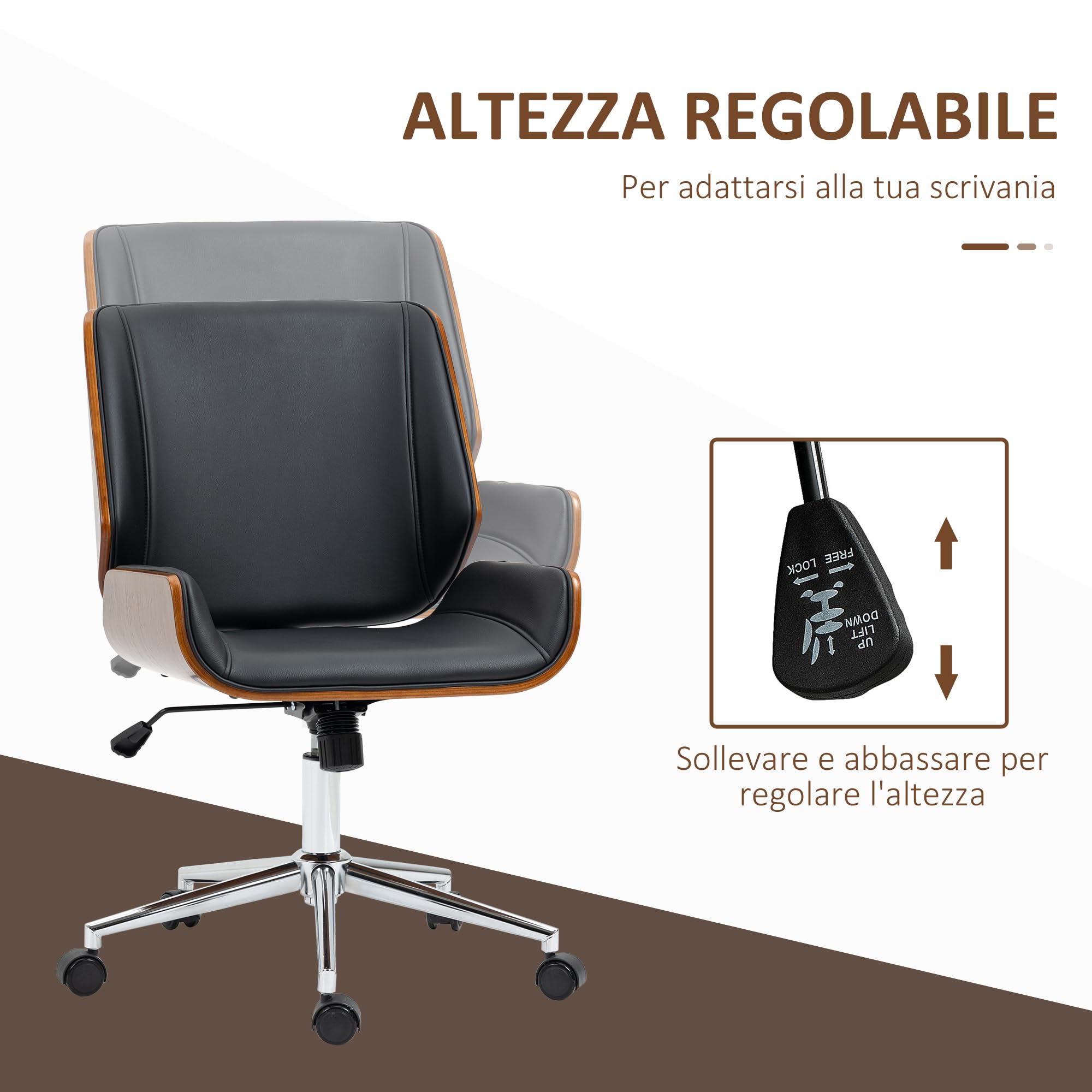 Vinsetto Sedia da Ufficio Senza Braccioli Vintage Nero e Marrone Scuro | Ruote Girevoli, Schienale e Seduta Curva, Sedia da Scrivania Studio, Inclinabile, Altezza Regolabile, in Pelle PU e Legno