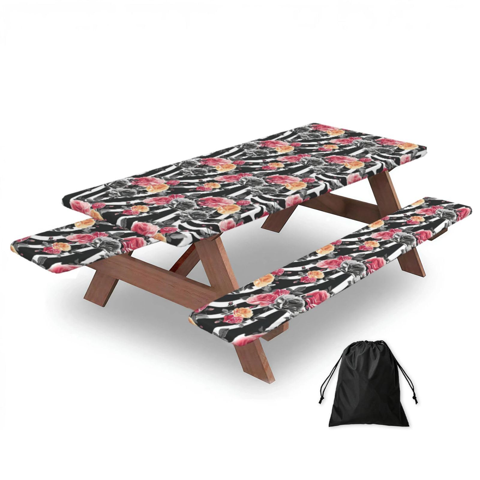 Yqxwjl Black Roses Flower Floral Zebra Stripes Print Camping Essentials Waterproof Camping Table And Bench Cover With Drawstring Bag 183 Cm