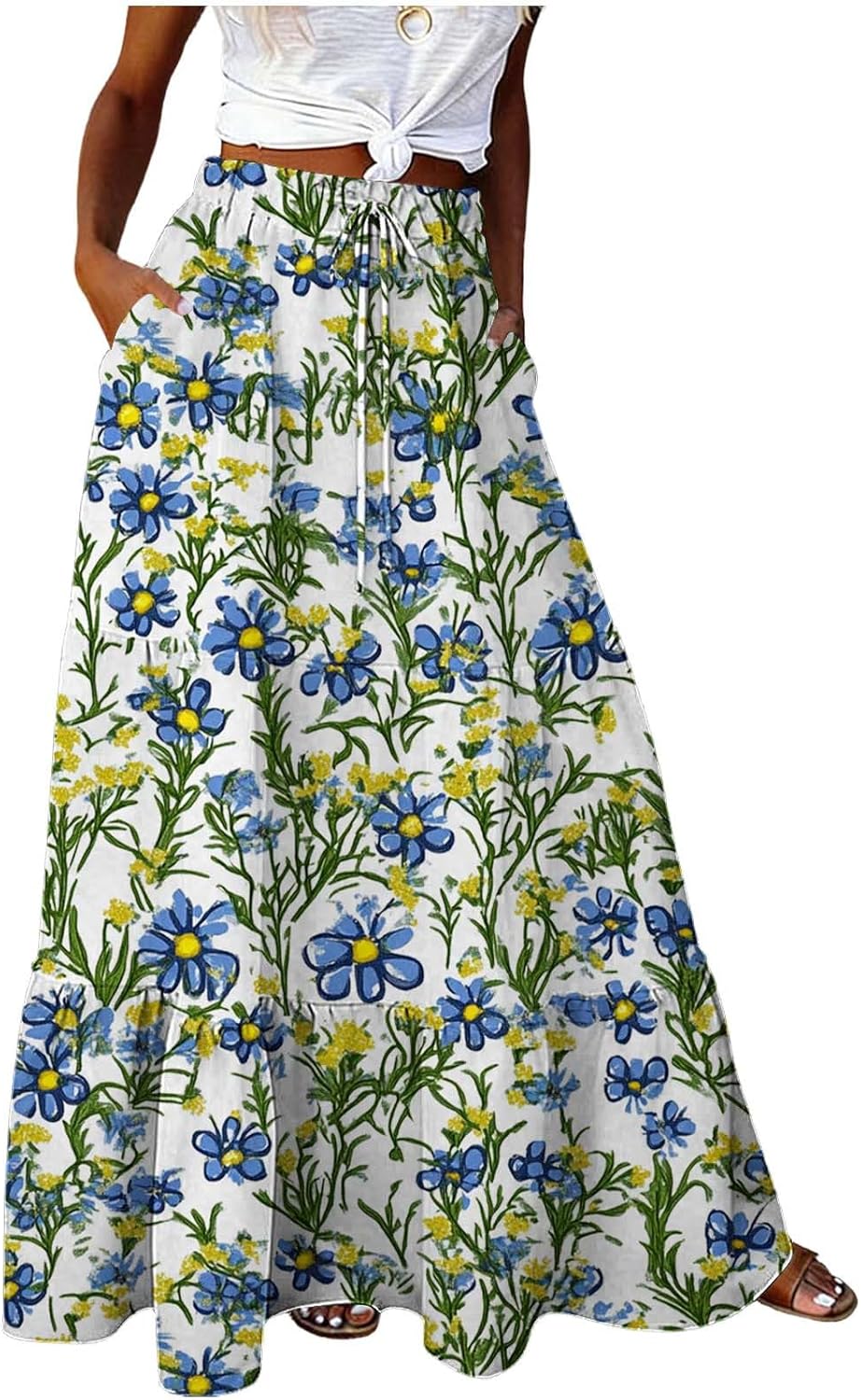Summer Skirts for Women 2026 Floral Tiered Boho Elastic Waist Maxi Skirt Summer Flowy Casual Skirts with Pockets