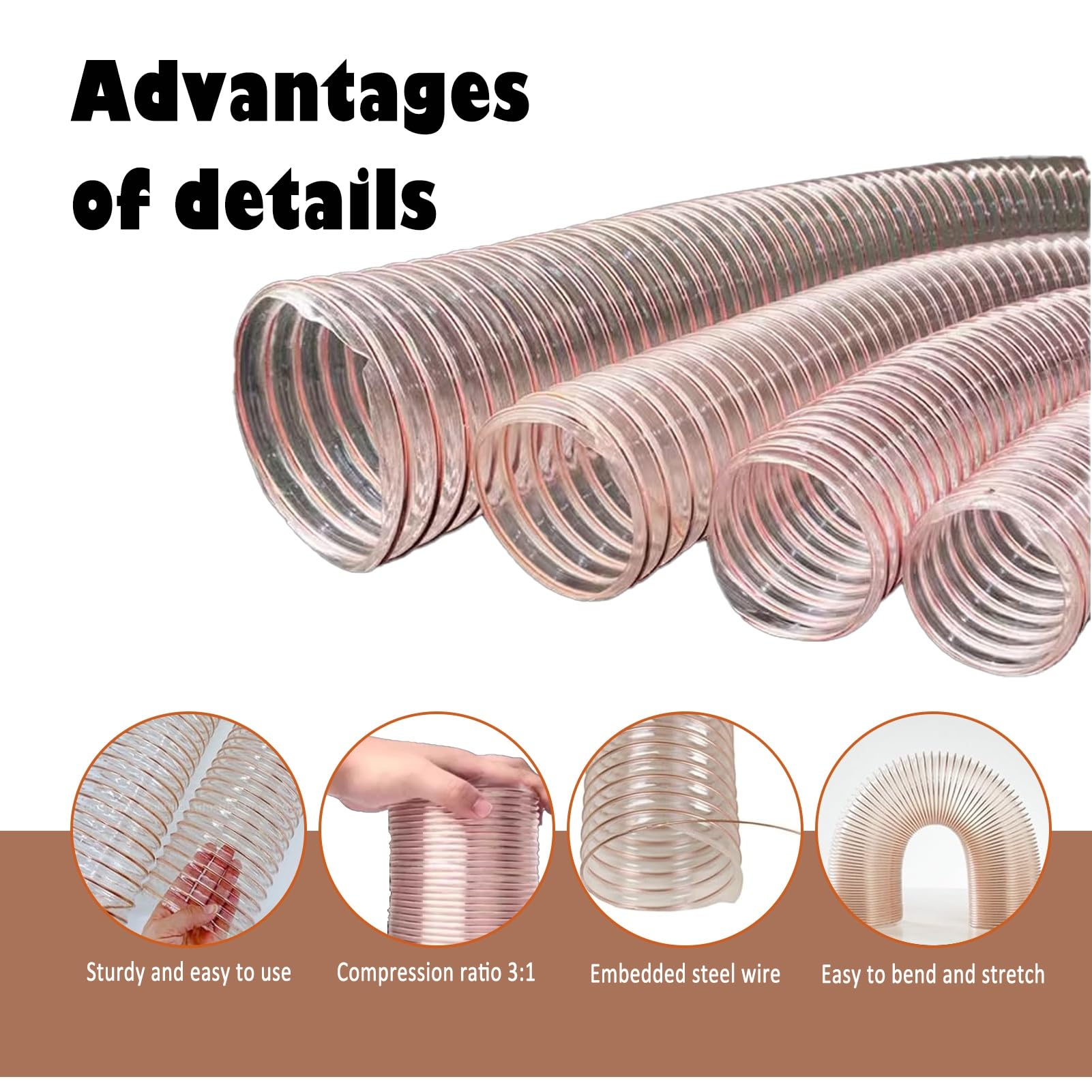 Tuyau d'aspiration de poussière Flexible en PU, dissipateur d'électricité Statique, léger et sans pliure pour Atelier de menuiserie et de métallurgie (L 10 m (33 pi), diamètre 40 mm (1,6 po)