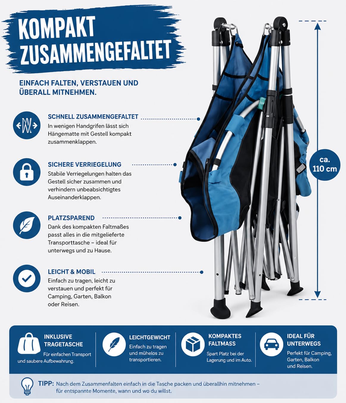 Camping Hängematte mit Gestell Klappbar bis 135 kg – Gartenhängematte Tragbar mit Kissen, Getränkehalter & Tasche – Outdoor Hängematte für Garten, Balkon, Terrasse, Camping & Reisen