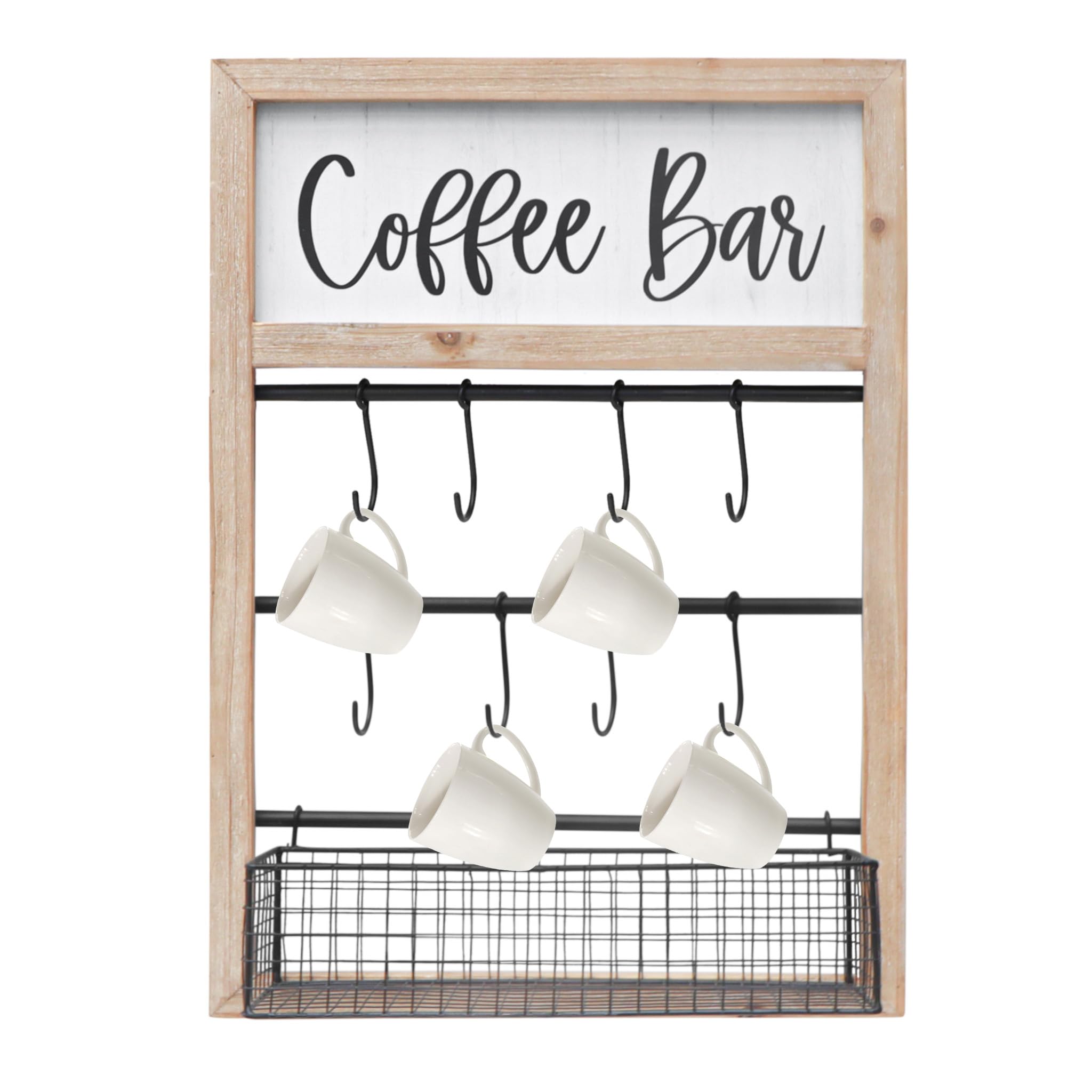 Coffee Mug Wall Rack with 8 Hooks and Storage Basket, Coffee Bar Organizer, Rustic Wood Hanging Cup Holder for Coffee Station, Kitchen, Home