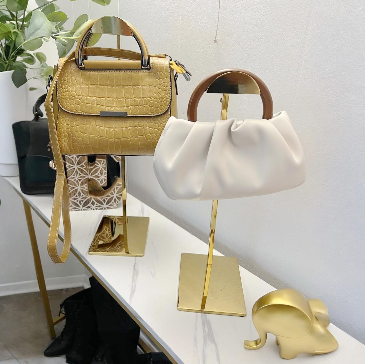 Gold Handbag Display Stand - 2 Pack Table Polished Gold Purse Stands for Display - Adjustable Height Semi Circle Clutch Bag Hanger Display Stand for Boutique Store - Image 2