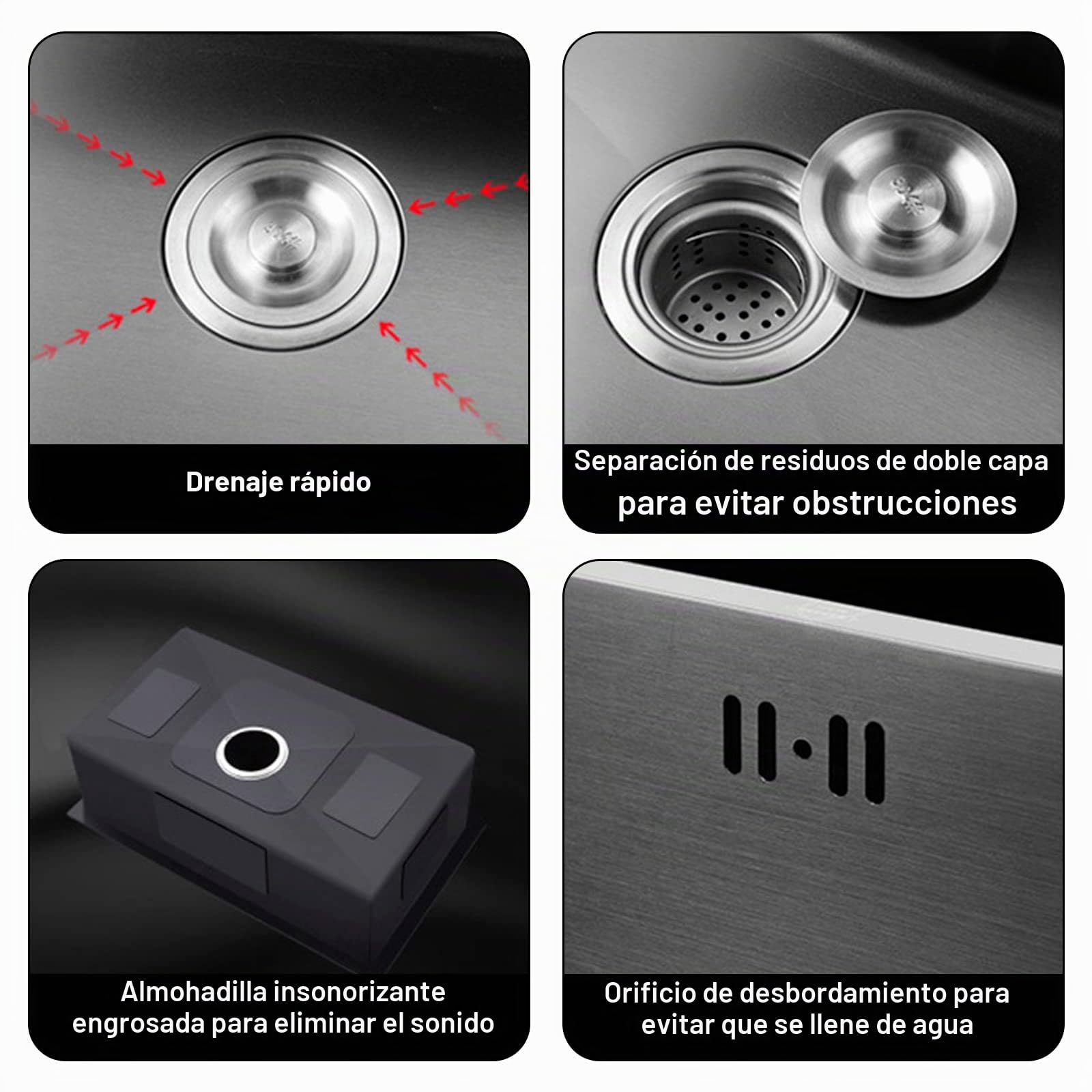 Fregadero de cocina, 304 Acero Inoxidable, Fregadero Cocina un Seno, Fregadero Negro, con grifo extraíble, Purificador de Agua, Dispensador de Jabón (68 * 45cm)