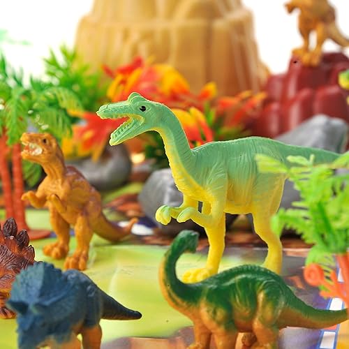 Miniatura 4 de PowerTRC Juego de figuras de dinosaurio con árboles, rocas, tapete de juego y contenedor para niños y niñas  Crea un parque de dinosaurios con un