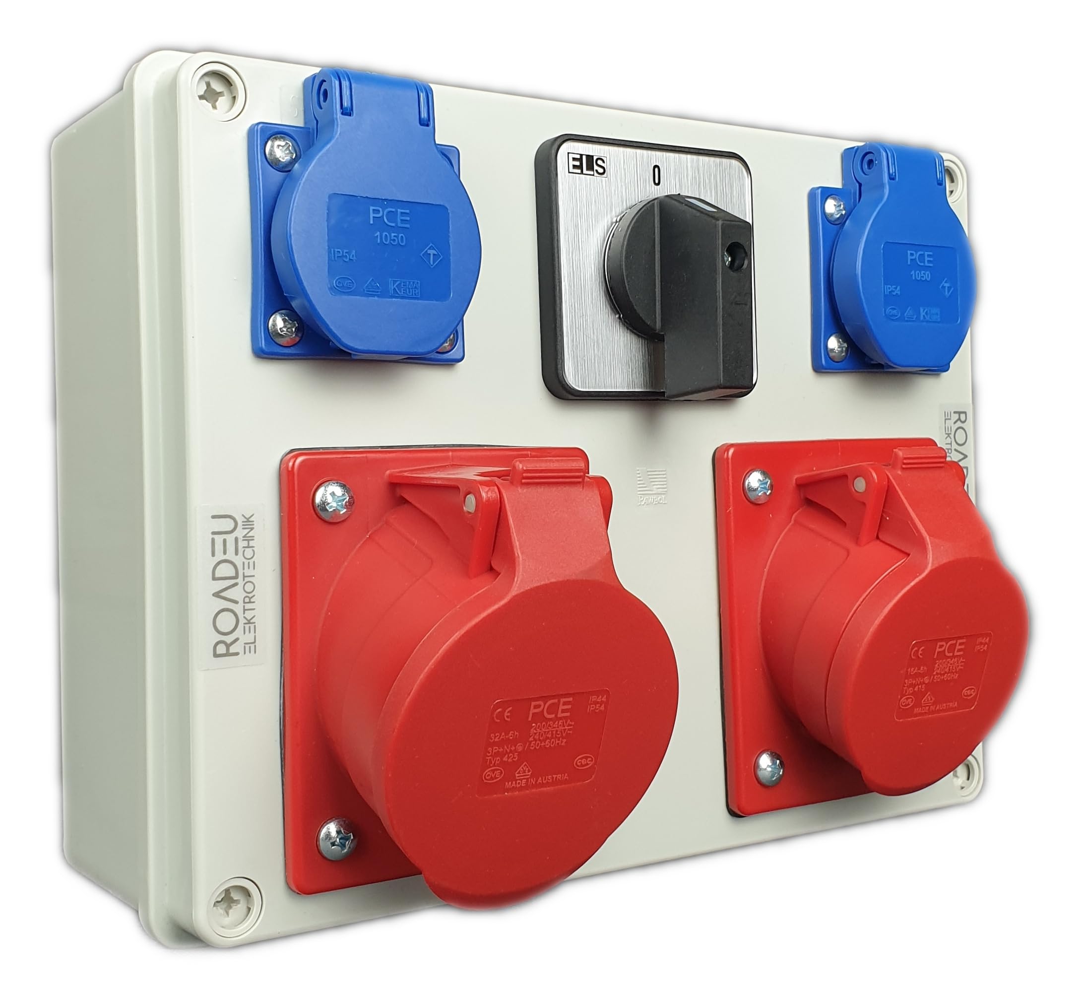 RoadEu CEE Steckdosenverteiler IP44 | 1x CEE 32A 5P + 1x CEE 16A 5P + Schuko 230V mit Hauptschalter 0-1 | Starkstrom Verteiler Aufputz, vorverdrahtet, Europäische Komponenten Dlaczego tak: