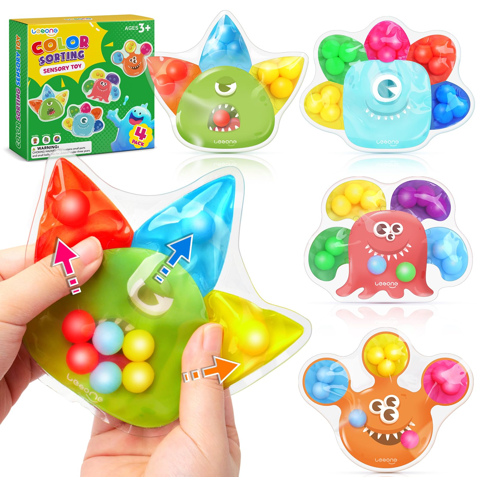 Color Sorting Sensory Toys for Toddlers: 4-Pack Fine Motor Skills Game - Preschool Learning Activities Fidgets for Classroom Travel - Montessori Toys for 3+ Year Old Toddlers Boys & Girls