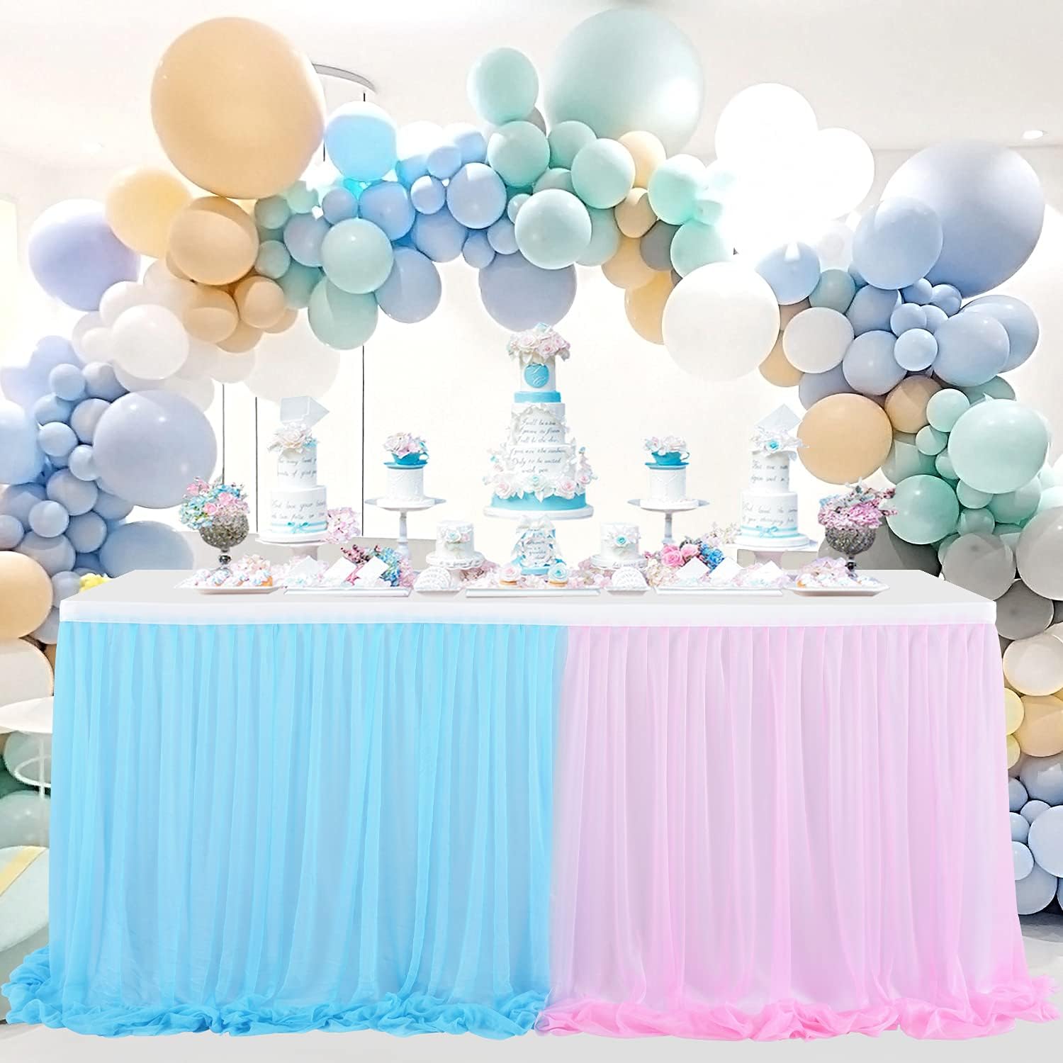 Besutolife Pink Blue Tulle Table Skirts Gender Reveal Tutu Table Skirt Baby Shower Tablecloth for Girl Boy Birthday Party Cake Dessert Banquet Table Decorations 14ft