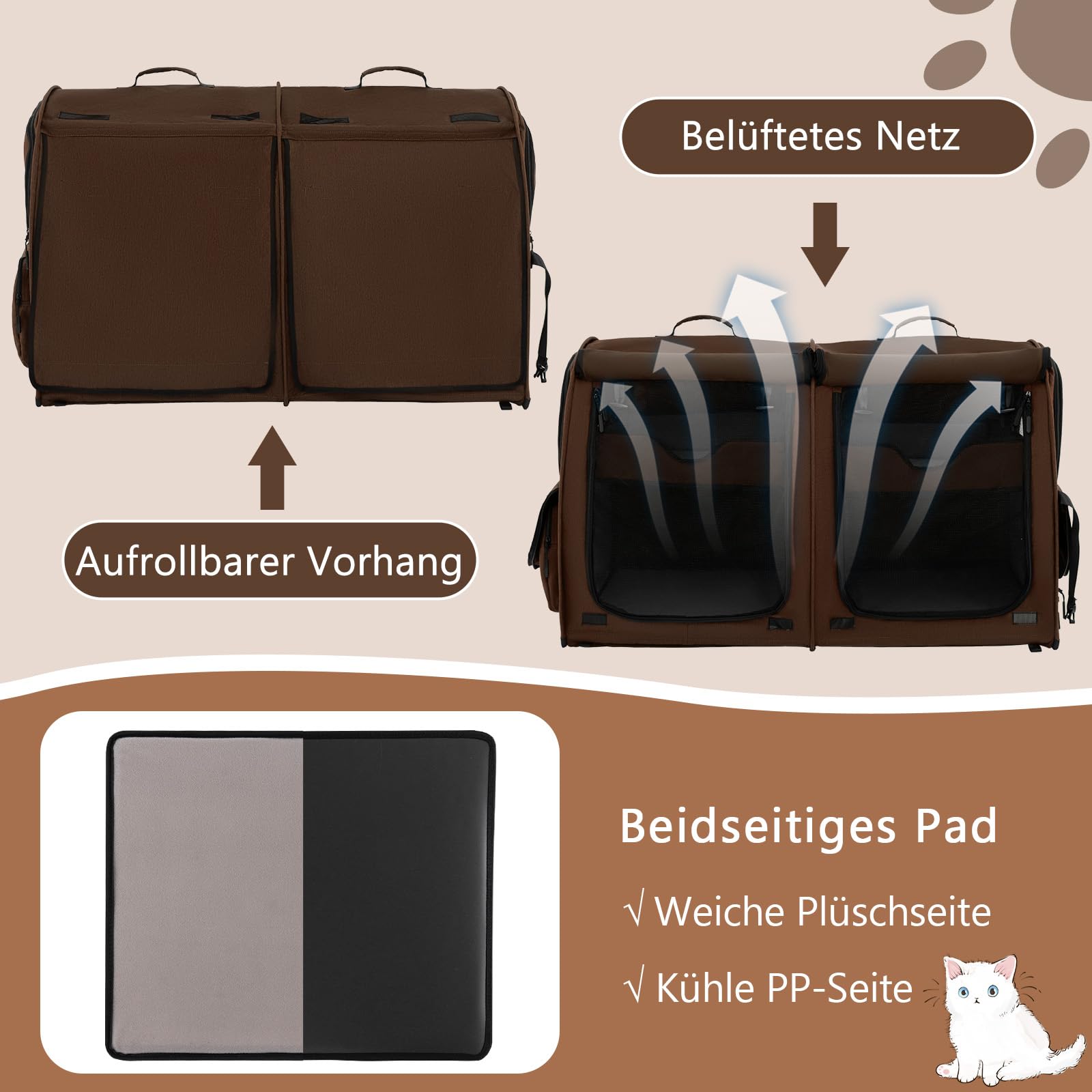 GOPLUS Transportbox mit Zwei Fächern für Katzen, 2 in 1 Haustierhütte mit abnehmbaren Hängematten & Katzentoilette, Tragbare Reisebox für Katzen & Hunde mit Tragetasche (Braun)