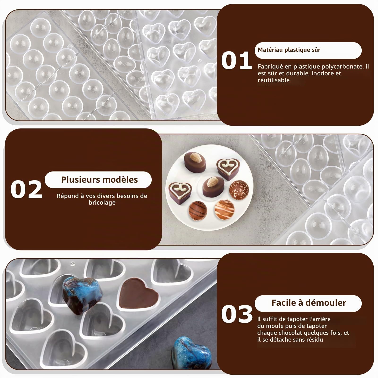3 Pcs Moule à Chocolat en Polycarbonate Transparent Moule à Bonbons avec 2 Compte-gouttes Moules 3D pour Gelée Bonbons Glaçons