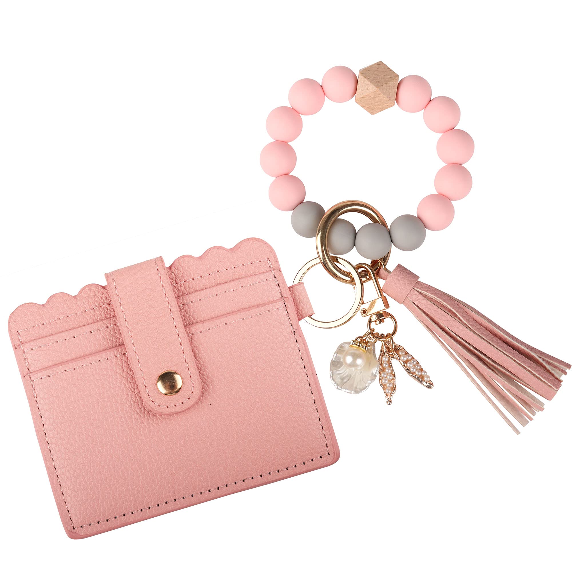 Guran Women's Pink Wristlet Wallet Bracelet Keychain,Card Holder Purse Tassel Keychain Bangle Key Ring For 14 Cm