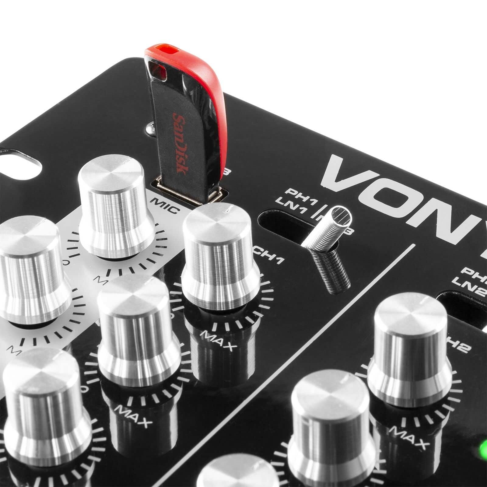 Vonyx STM-2300 Table de Mixage 2 Canaux - Entrée RCA Phono/Ligne Commutable, Sortie principale RCA et Sortie Casque, Egaliseur 3 Bandes sur les Canaux, Egaliseur 2 Bandes Mic, Idéal pour DJ Mobile