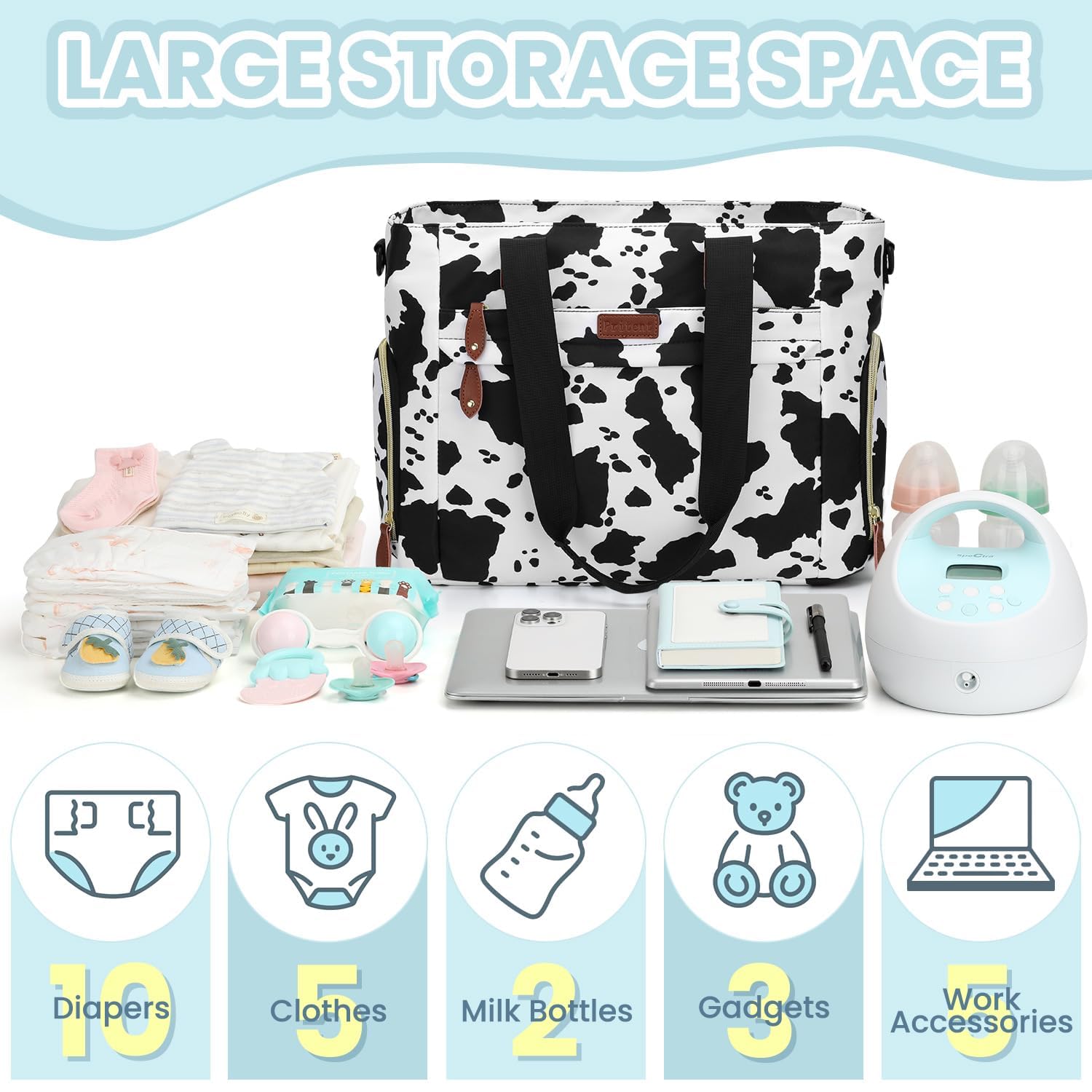 Pritent Diaper Bag Tote for Working Mom, Large Travel Diaper Tote for Mom and Dad with 14 Inch Laptop Sleeve, Mommy Maternity Travel Baby Bag for Boys and Girls, Cowprint