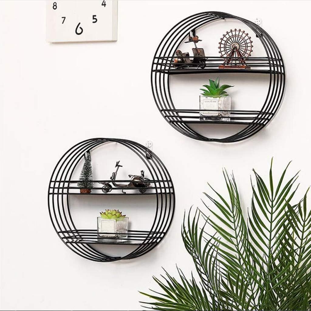 Round Metal Wire Floating Shelf Decorative Wall Hanging Shelf for Living Room, Bedroom, Office (Black,30cm 2 Tier)