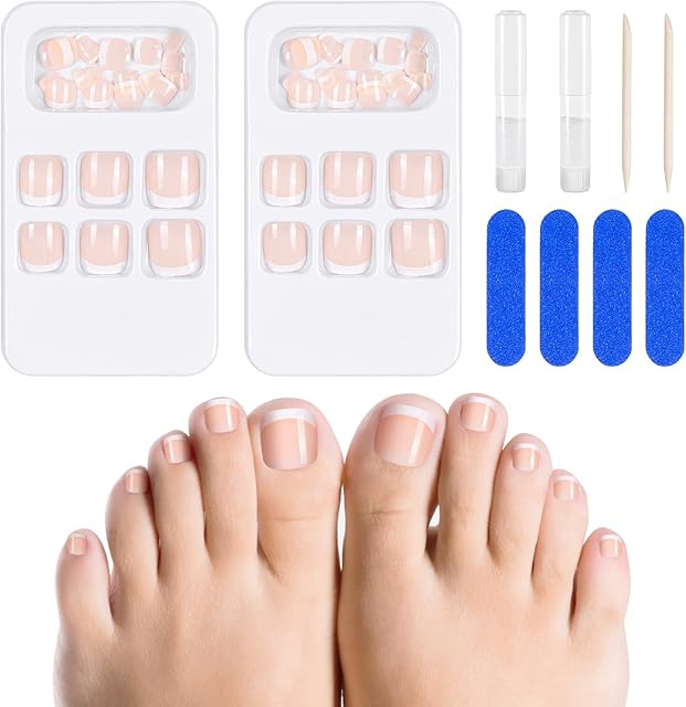 48 Pieces French False Toenails Tips with Glue, Full Cover Short Fake Toe Nails, 12 Sizes Artificial Acrylic Toe Nails with Nail Files, Stick on Toenails for Women Nail Decorations (Pink)