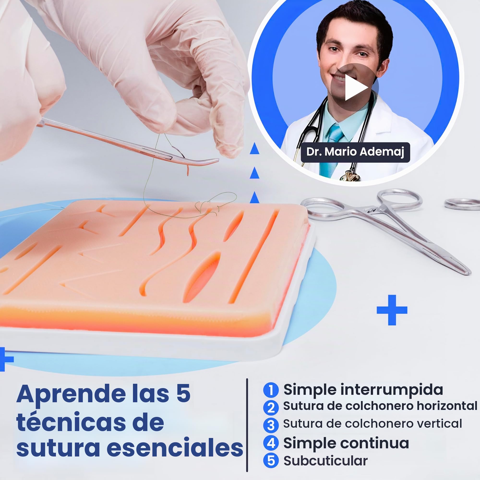 Kit de Práctica de Sutura Quirúrgica - Curso de Sutura en Inglés, Instrumentos Medico, Hilos de Sutura y Piel de Silicona - Regalo para Estudiantes de Medicina y Enfermería (Educativo)