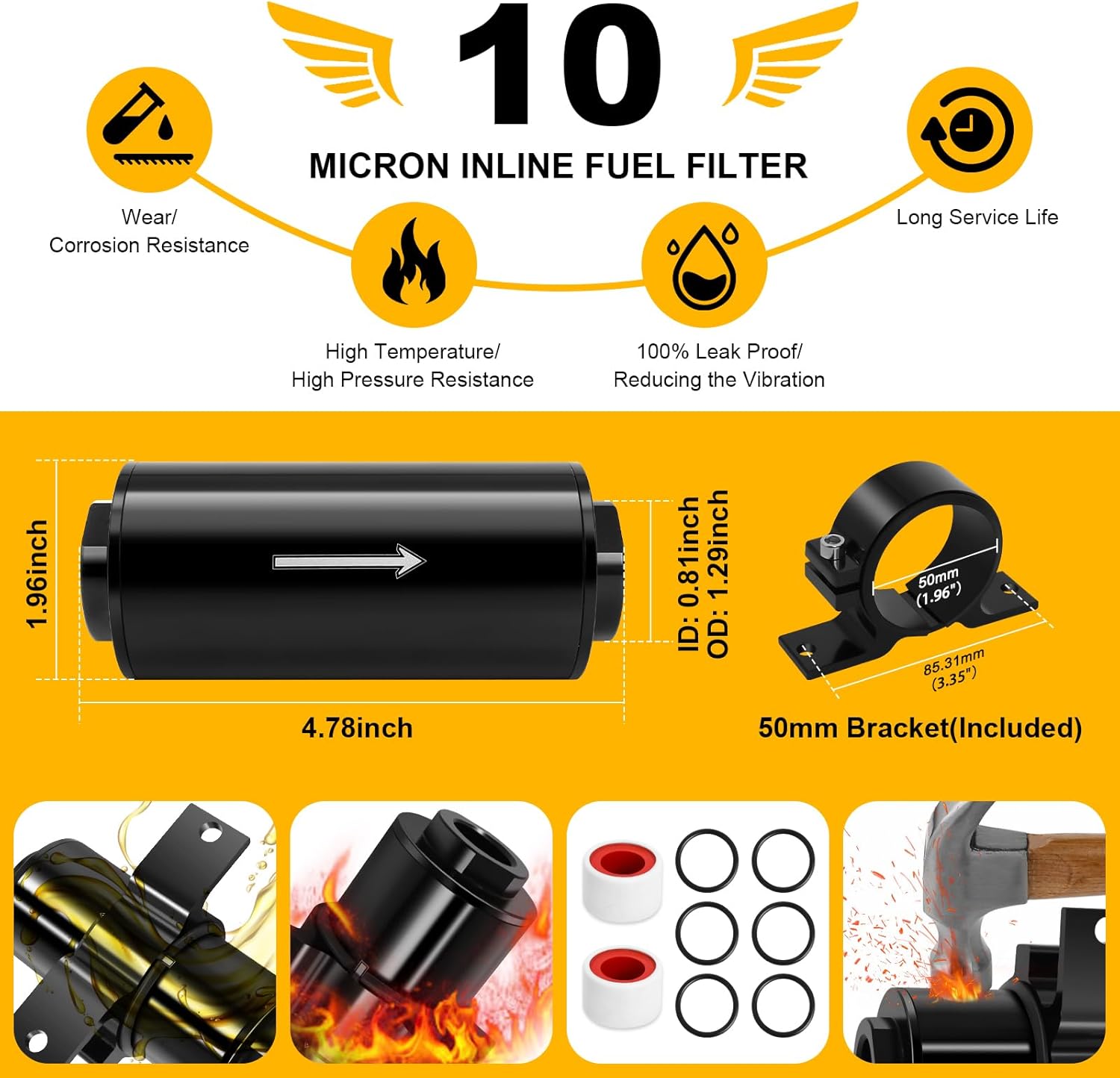 10 Micron Inline Fuel Filter with 6AN 8AN 10AN Adapters & 50MM Bracket Clamp, Universal Fuel Filter Kit for Filtering Gasoline, Diesel, E85, Aluminum